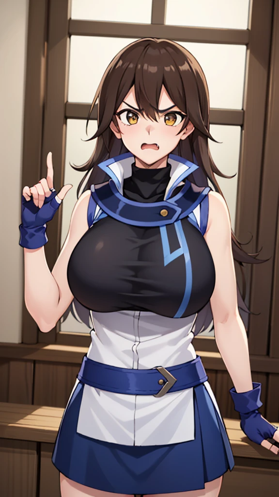 masterpiece, best quality, highres,1girl, solo, ta1, white jacket, sleeveless, blue skirt, fingerless gloves,  makurada junko, turtleneck, white vest, sleeveless, high collar, belt, blue miniskirt, huge breasts, arrogant, angry, cowboy shot, indoors, bedroom