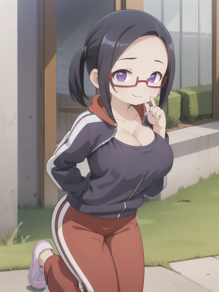 master-piece, bestquality, 1girls,, View viewers from front, HD, slight smile, massive tits, cleavage, under , tights cloth, , tiny body, under tits cleavage, look down, wide hips, sakie, black hair, red-framed eyewear, purple eyes, track suit, track jacket, semi-rimless eyewear, under-rim eyewear, track pants, on her kneel, outdoor,