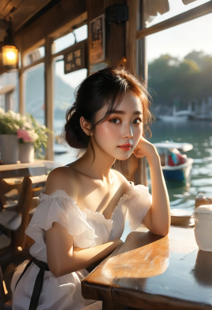 Morning rise, warm sunlight,korean woman sitting on a wooden table beside a wooden windows at the outside cafe , sunrise atmosphere at a dock, wooden dock, a photorealistic painting by Raymond Han, tumblr, realism, gorgeous young korean woman, beautiful south korean woman, beautiful young korean woman, korean girl, beautiful asian girl, young asian girl, jaeyeon nam, asian girl, korean woman, sitting on a mocha-colored table, a young asian woman