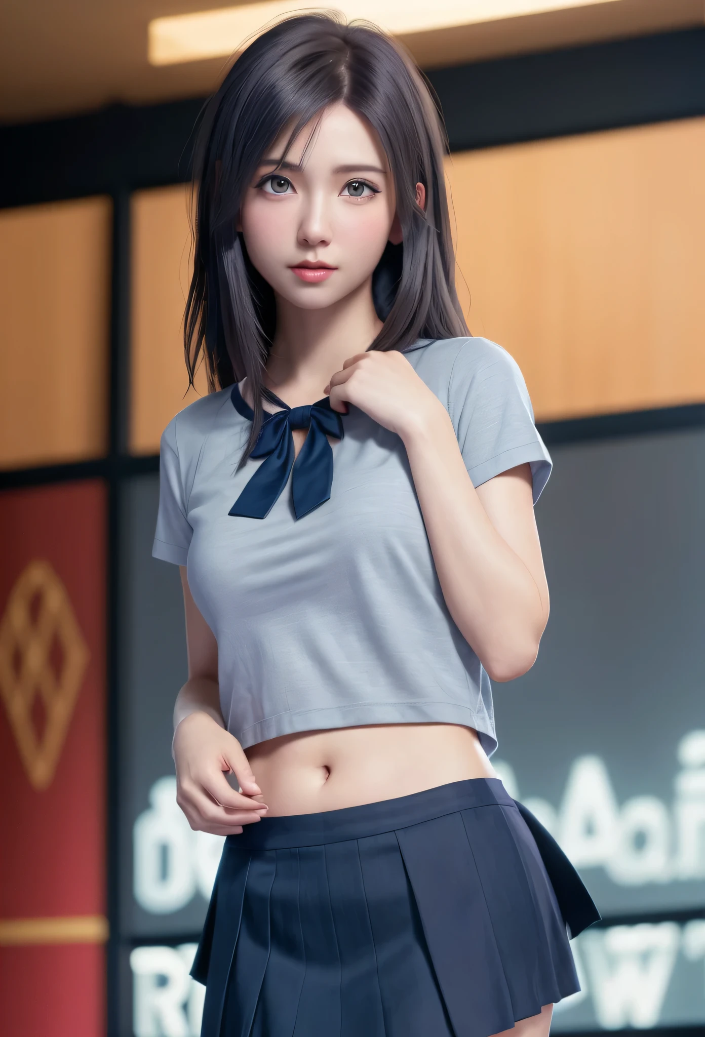 (8K, RAW Photos, Tabletop:1.3), (Realistic, Photorealistic:1.37), (night), (View your viewers:1.331), (Gray Hair), Pause, Karaoke box interior background, Sing a song with a microphone, Soft Light, One Girl, Very beautiful face, bust, Put your hands down, Random hairstyle, Random representation, Big eyes, Lower abdomen, (Short sleeve .Hmph_shirt), Hmph_style, (Dark Blue AJC_skirt), (Bow Ticker_tie), Mix 4., Highest quality