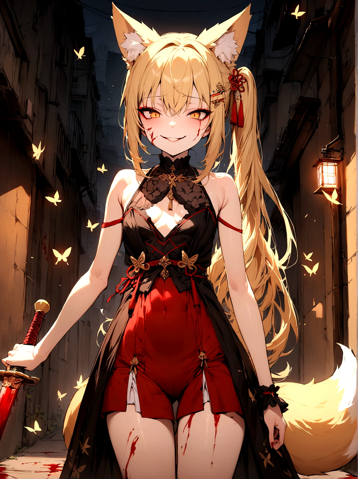 (masterpiece, best quality) junior,detailed, (beautiful,small breasts), blonde,long hair, side ponytail(tied to the left),Hairpin decoration with gold butterfly, elegant, (fox ears),nine tailed fox tail, red eyeshadow, golden eyes, femur，dark night sky,Alley background,girl,yandere eyes,bloody face,bloody clothes,Bloody(blood on fullbody),holding a sword hilt,bloody dagger(japanese dagger),evil smile,