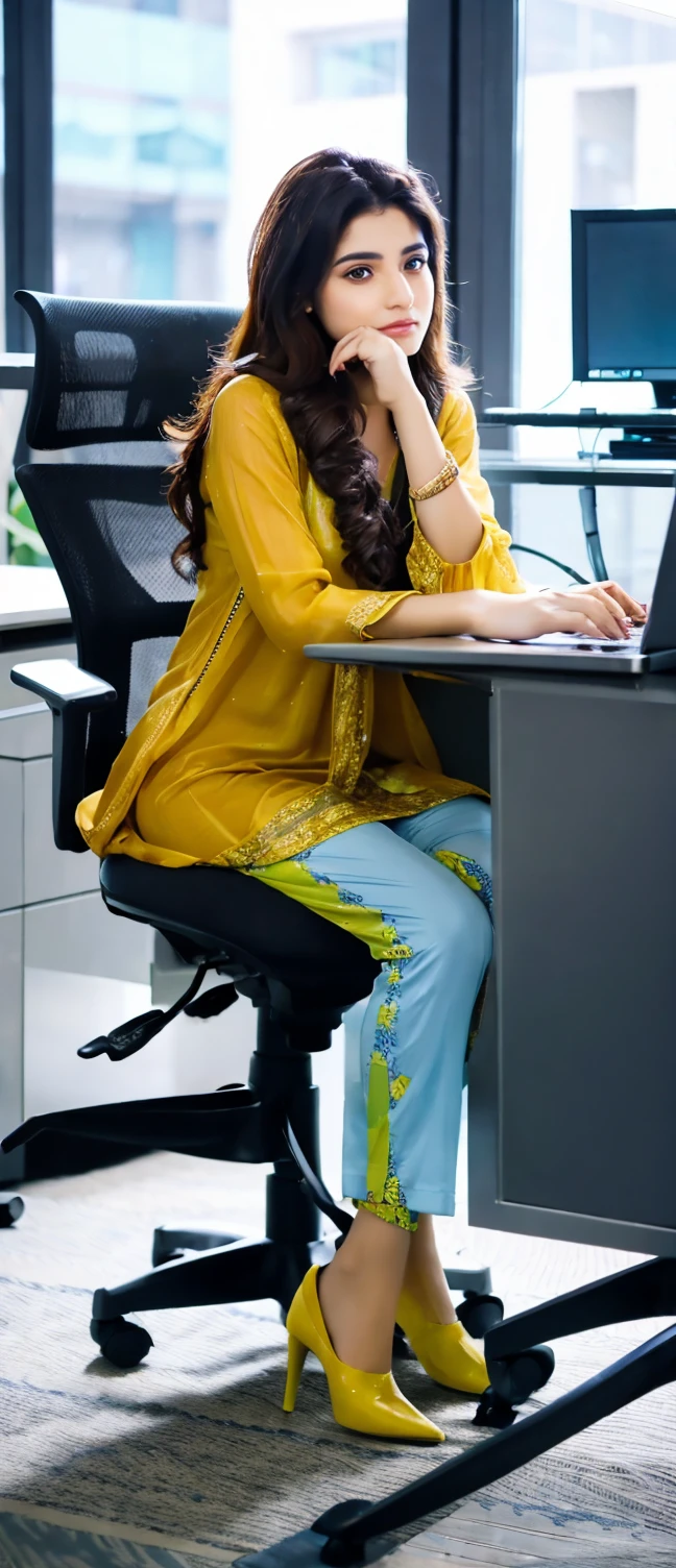 (((ultra realistic))) Pakistani Professional wearing digital printined shalwar kameez young girl sitting in office with her laptop