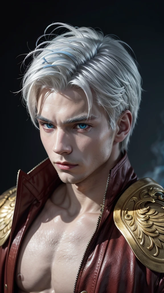 Man with golden and red iron wings with white hair and blue eyes