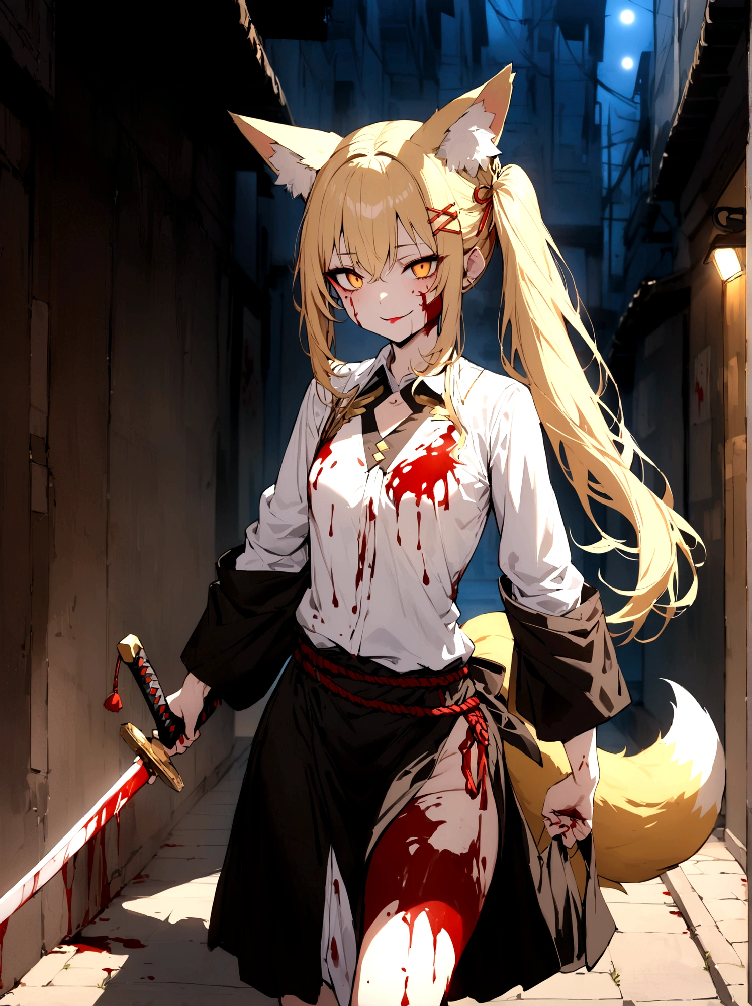 (masterpiece, best quality) junior,detailed, (beautiful,small breasts), blonde,long hair, side ponytail(tied to the left),Hairpin decoration with gold butterfly, elegant, (fox ears),nine tailed fox tail, red eyeshadow, golden eyes, femur，dark night sky,Alley background,girl,yandere eyes,bloody face,bloody clothes(white shirt),free,shaman uniform,Bloody(blood on fullbody),holding a sword hilt,bloody dagger(Japanese sword),evil smile