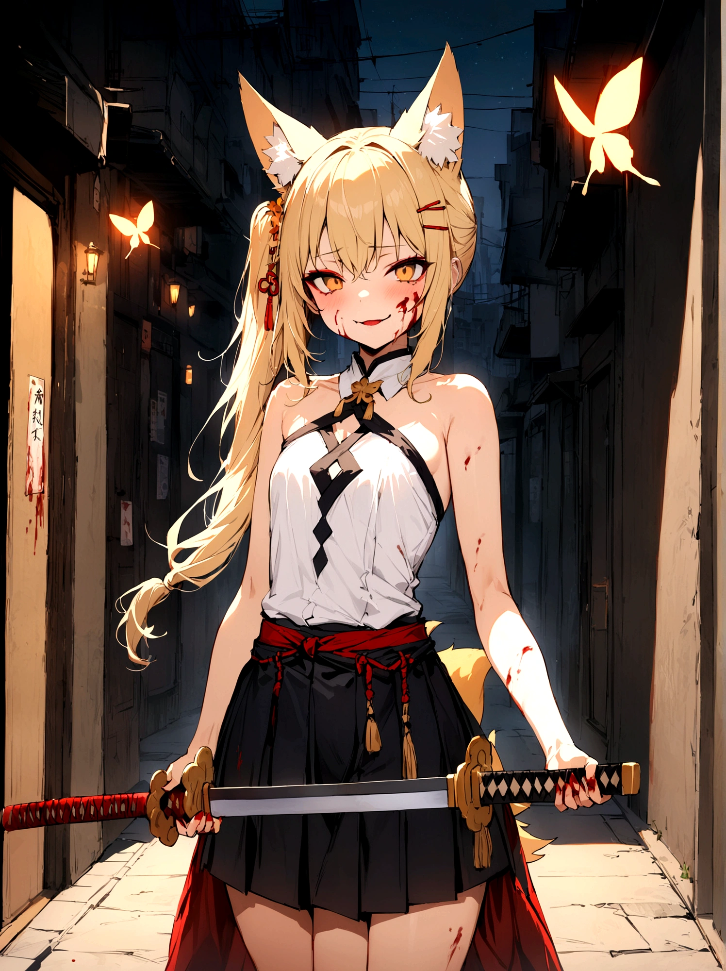 (masterpiece, best quality) junior,detailed, (beautiful,small breasts), blonde,long hair, side ponytail(tied to the left),Hairpin decoration with gold butterfly, elegant, (fox ears),nine tailed fox tail, red eyeshadow, golden eyes, femur，dark night sky,Alley background,girl,yandere eyes,bloody face,bloody clothes(white shirt),free,shaman uniform,Bloody(blood on fullbody),holding a sword hilt,bloody dagger(Japanese sword),evil smile