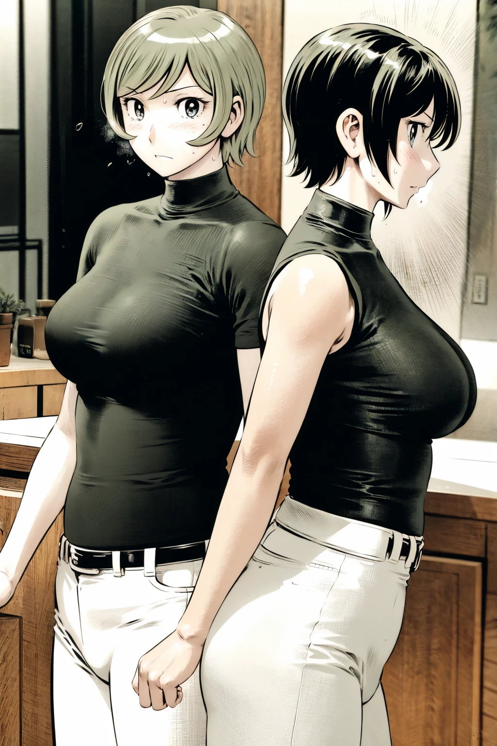 、(masterpiece、Highest quality)、Highest quality, Ultra-high resolution, (((masterpiece))), alone, Sweat、Big eyes,Tight black shirt、Tight white pants、belt、indoor、Composition from the front、(Cut the back hair short、short hair、blonde、woman)、Shortcuts、Embarrassed face、Cut your hair short、可愛いwomanの子、Big Breasts、office