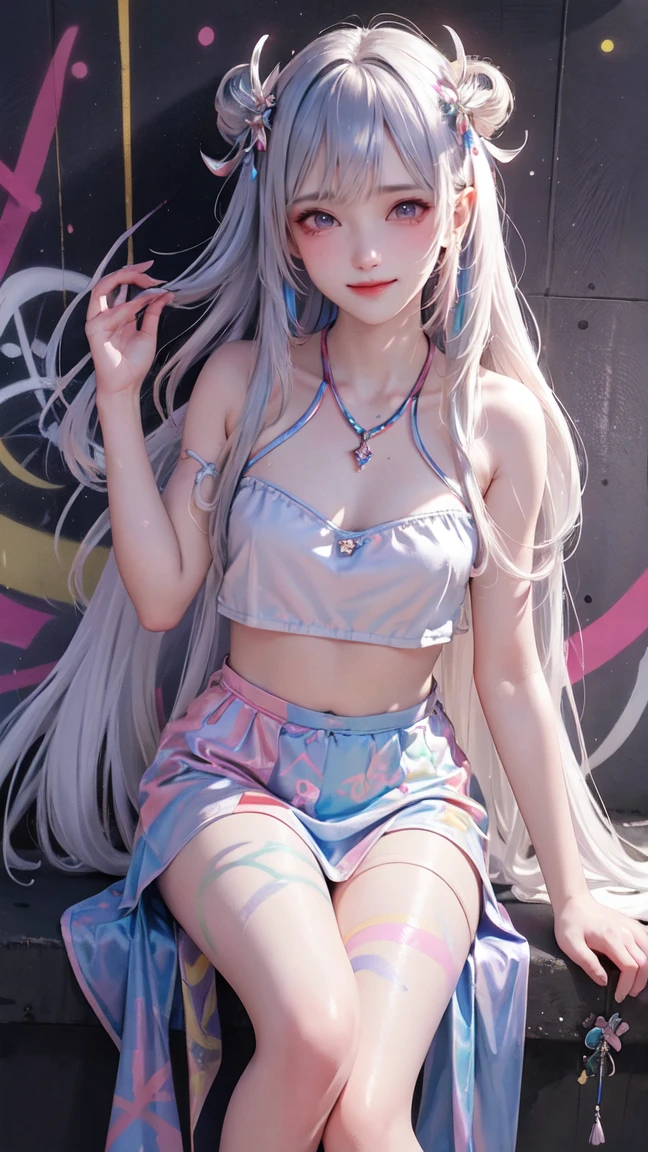 (best quality), masterpiece, Extremely detailed CG8K illustration painting, high color, Extremely high color saturation, All colors are deepened, painting, graffiti art, central composition, Extremely detailed light and shadow, graffiti wall, The walls are painted bright colors, 1 girl graffiti 1 girl looking at the wall, The face and eyes are very detailed, medium length hair, sportswear, colorful clouds