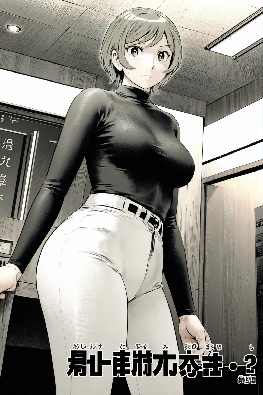 、(masterpiece、Highest quality)、Highest quality, Ultra-high resolution, (((masterpiece))), alone, Sweat、Big eyes,Tight black shirt、Tight white pants、belt、indoor、Composition from the front、（Cut the back hair short、short hair、blonde、woman）、Shortcuts、Embarrassed face、Cut your hair short、可愛いwomanの子、Big Breasts、office