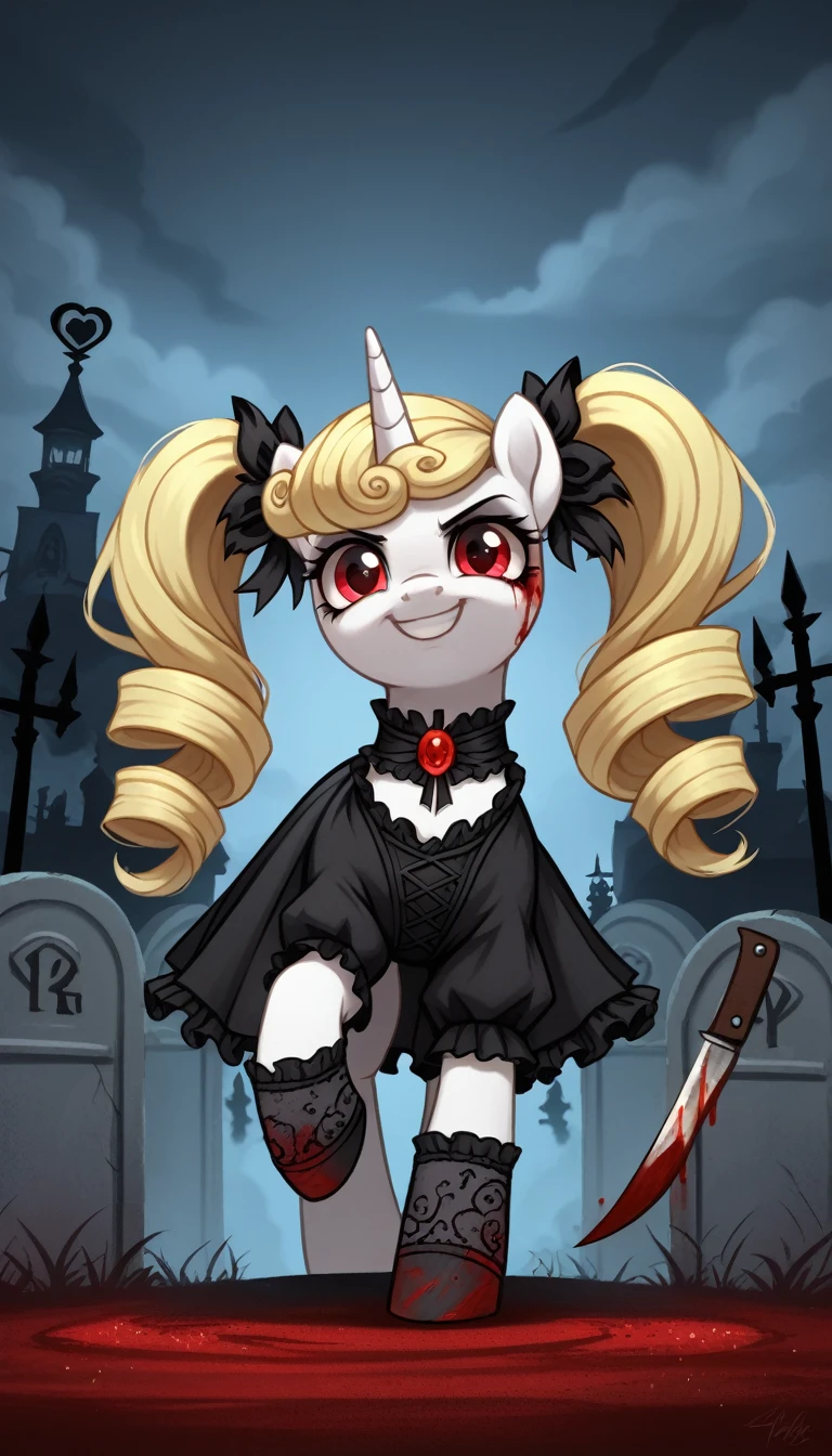 score_9,score_8_up,score_7_up,score_6_up, filly, unicorn, white fur, curly blonde hair, twintails, red eyes, Gothic pony, lolita fashion, glowing backlight, fashion show, graveyard, glitter, whimsical, enchanted, magical, fantasy art concept, intricate details, insane evil smile, blood splatter on face, floating knife