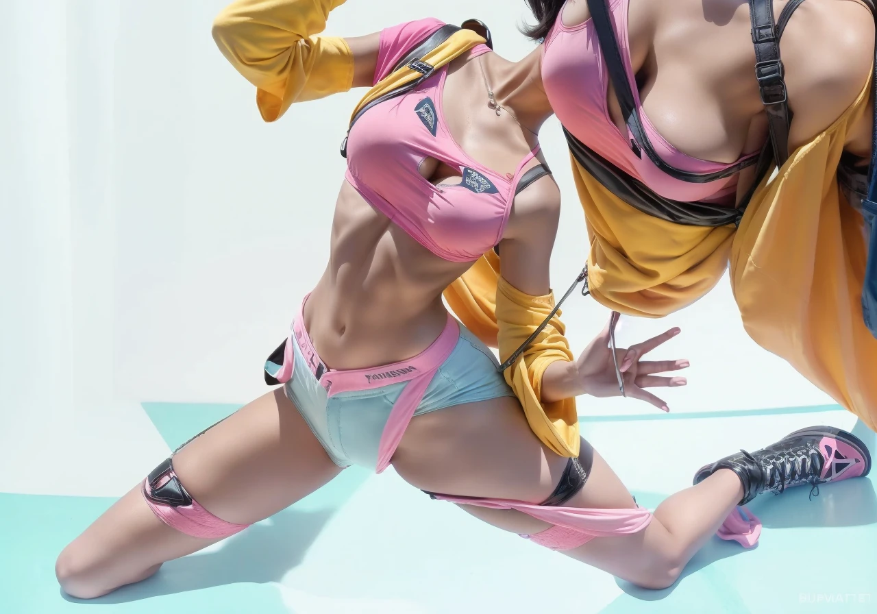 short black hair, with slightly messy bangs. Dark, penetrating brown eyes. Thin and marked build. She wears torn black shorts, blue tennis shoes, and a pink navel blouse with straps. He has an axe in his right hand and a backpack on his back. Busty.