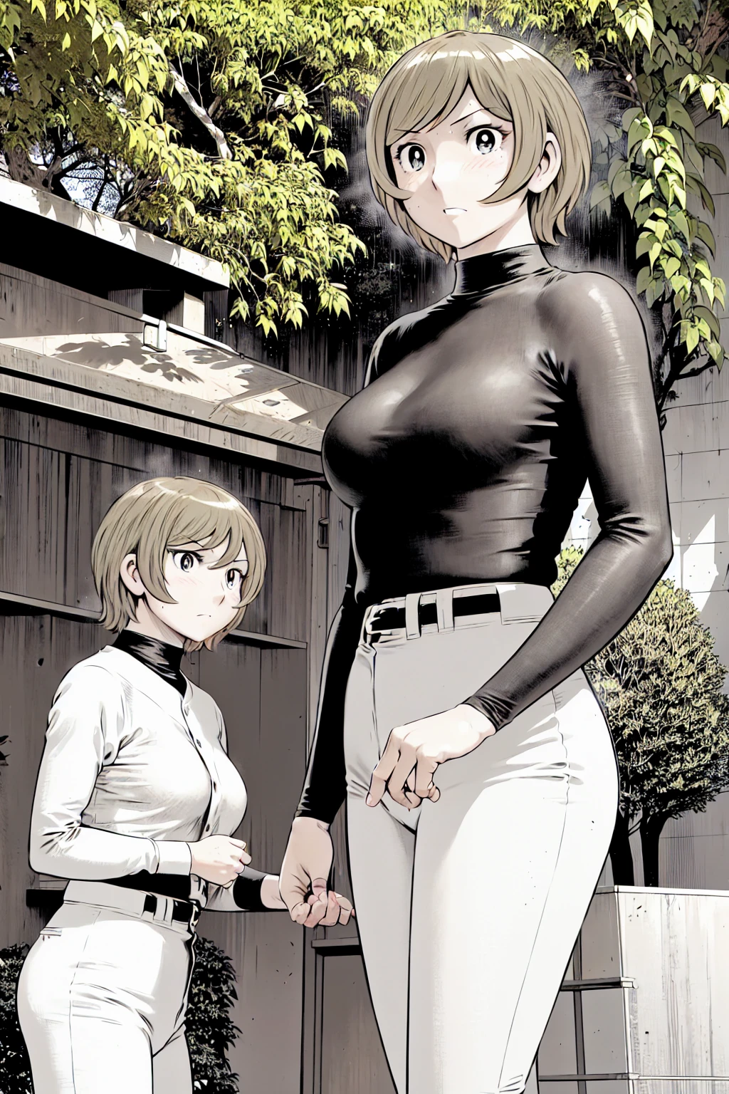 (野球uniform:1.2),
Blonde, (short hair:1.2),Long sleeve, Black Shirt, turtleneck,White trousers、uniform、Black belt、((Illustration of a person))、big 、
View your viewers,, (Highest quality:1.3),One Girl, White pants、uniform、Outdoor、baseball ground、ground、soil、blue eyes、Tight black shirt、(masterpiece、Highest quality)、Highest quality, Ultra-high resolution, (((masterpiece))), alone, Sweat、big eyes、big Breasts、One Girl, Front view、Embarrassed face、Bronze colored hair、((short hair))、Stand up straight、Cowboy Shot