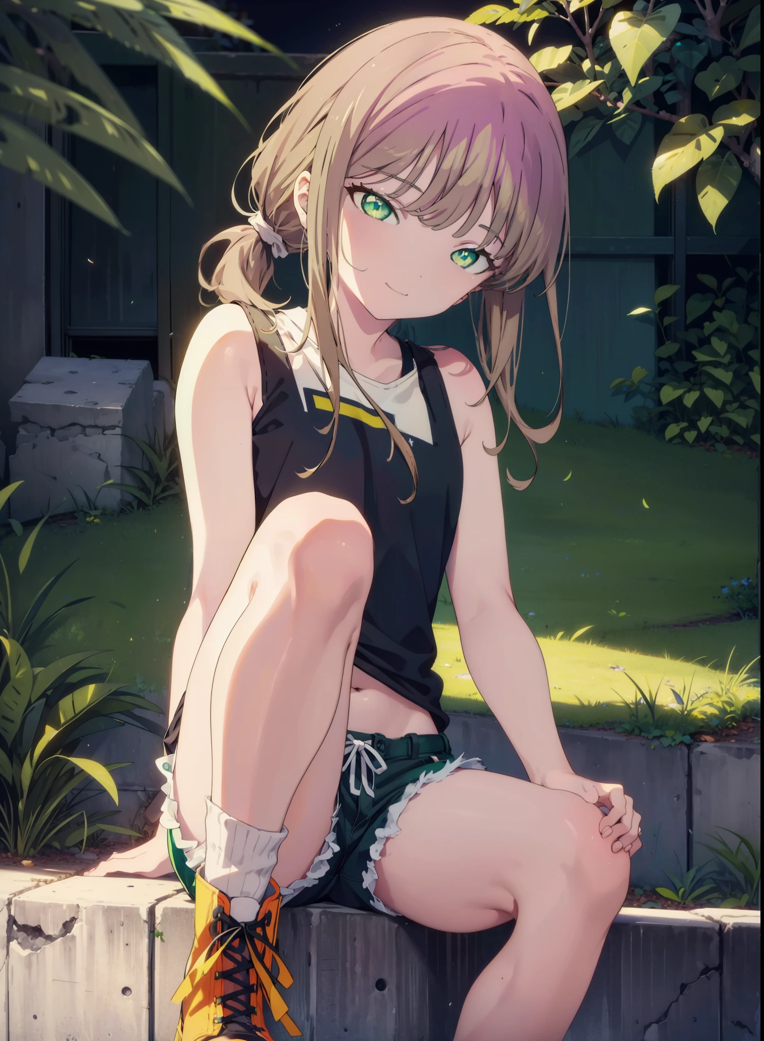 minami yume ,sss Dynazenon ,Long Hair, Brown Hair, (Green Eyes:1.5) ,Center of chest,hair band,ponytail,happy smile, smile, Open your mouth, Blue Tank Top,Shorts,short boots,whole bodyがイラストに入るように,Daytime,Clear skies,Sitting on the steps in the park,
break looking at viewer, whole body,(Cowboy Shot:1. 5),
break outdoors, Residential Street,
break (masterpiece:1.2), Highest quality, High resolution, unity 8k wallpaper, (shape:0.8), (Beautiful and beautiful eyes:1.6), Highly detailed face, Perfect lighting, Highly detailed CG, (Perfect hands, Perfect Anatomy),