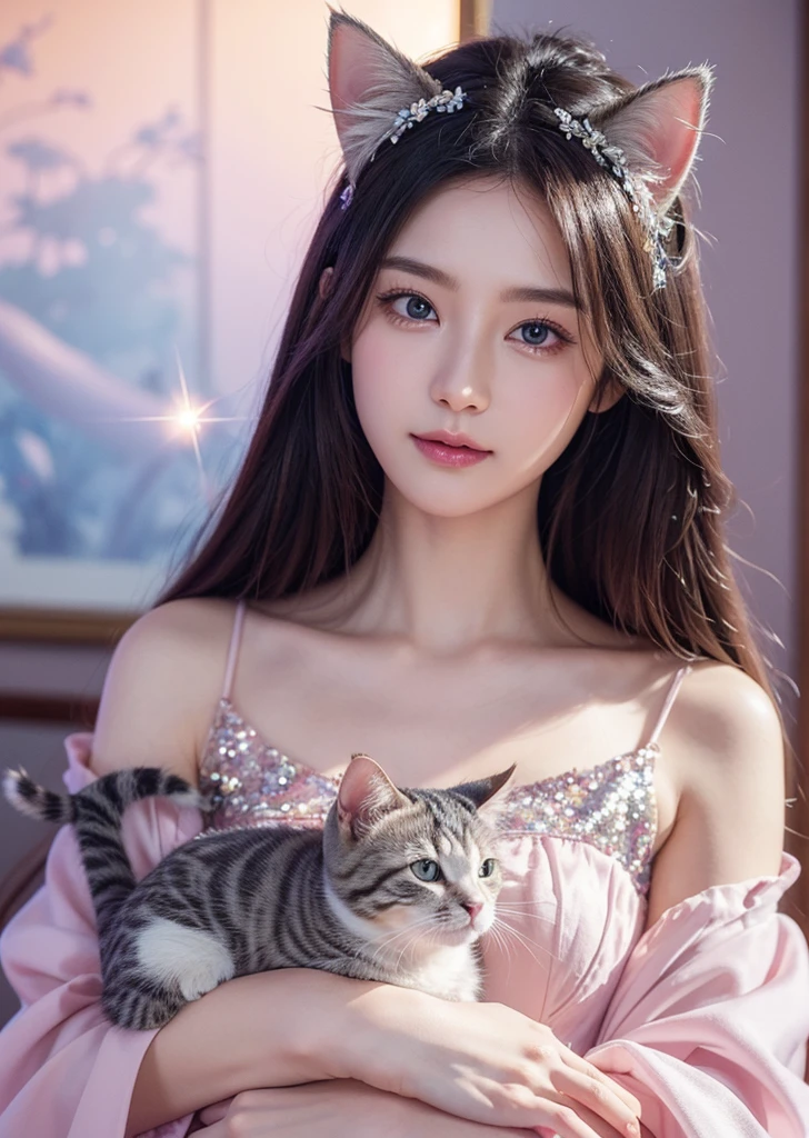 Diffuse lighting、 Highest quality, High resolution, unity 8k wallpaper、Supersaturation, Colorful, fairy tale, dream-like, Movie-like characters, oil, 3d, 8K resolution, Sequins, Sparkling, moonlight, Close-up portrait adorable,Too cute cat, Fine grain, Large, round, reflective eyes,Dreamland、pastel colour、pleasant to the touch、Gaze over your shoulder、smile、full moon、Mysterious Flower、Beautiful cat、cute cat、猫のInside the castle、Inside the castle、Detailed eyes, nose and mouth、Cat Castle、２k wallpaper、