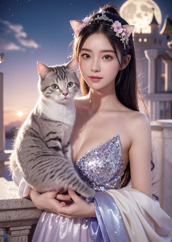 Diffuse lighting、 Highest quality, High resolution, unity 8k wallpaper、Supersaturation, Colorful, fairy tale, dream-like, Movie-like characters, oil, 3d, 8K resolution, Sequins, Sparkling, moonlight, Close-up portrait adorable,Too cute cat, Fine grain, Large, round, reflective eyes,Dreamland、pastel colour、pleasant to the touch、Gaze over your shoulder、smile、full moon、Mysterious Flower、Beautiful cat、cute cat、猫のInside the castle、Inside the castle、Detailed eyes, nose and mouth、Cat Castle、2k wallpaper、