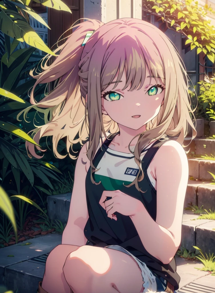 minami yume ,sss Dynazenon ,Long Hair, Brown Hair, (Green Eyes:1.5) ,Center of chest,hair band,ponytail,happy smile, smile, Open your mouth, Blue Tank Top,Shorts,short boots,whole bodyがイラストに入るように,Daytime,Clear skies,Sitting on the steps in the park,
break looking at viewer, whole body,(Cowboy Shot:1. 5),
break outdoors, Residential Street,
break (masterpiece:1.2), Highest quality, High resolution, unity 8k wallpaper, (shape:0.8), (Beautiful and beautiful eyes:1.6), Highly detailed face, Perfect lighting, Highly detailed CG, (Perfect hands, Perfect Anatomy),