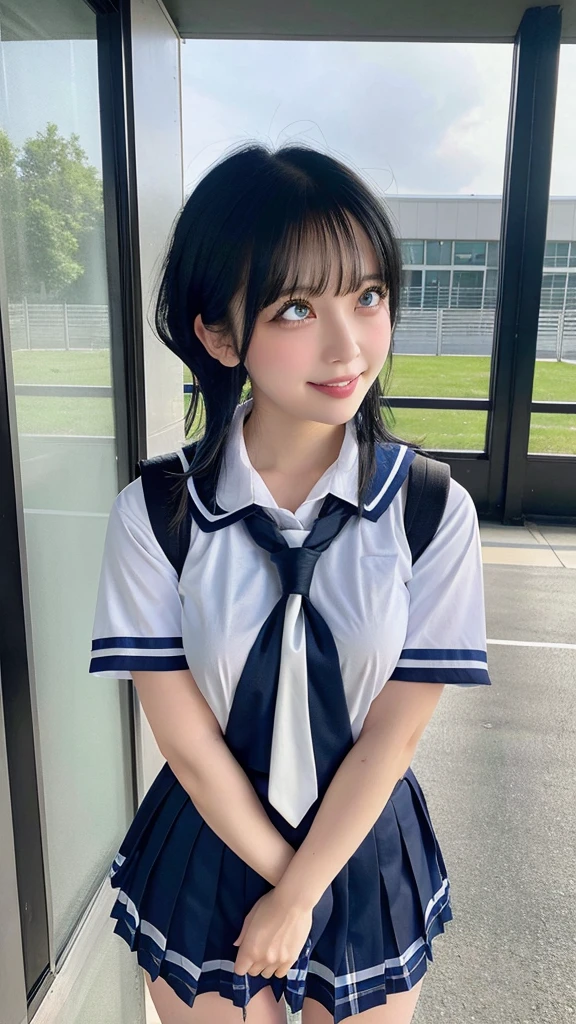 (masterpiece, Official Art), One Girl, Black Hair, blue eyes, hair ornaments, Hair Clip, (school uniform), (See-through shirt), (tie), (skirt), (Wet), (Upper Body), (close), (Huge breasts), very good、sunlight,classroom、 View Audience, Grin, Charm, blush, Charm服, (close), (Place your hands behind your head), (whole body), Short Bob