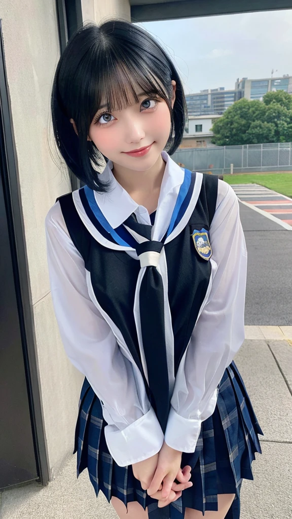 (masterpiece, Official Art), One Girl, Black Hair, blue eyes, hair ornaments, Hair Clip, (school uniform), (See-through shirt), (tie), (skirt), (Wet), (Upper Body), (close), (Huge breasts), very good、sunlight,classroom、 View Audience, Grin, Charm, blush, Charm服, (close), (Place your hands behind your head), (whole body), Short Bob