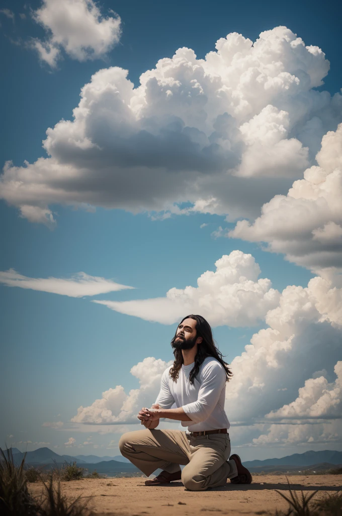 a painting of jesus kneeling in the clouds, high quality stock picture, inspired by mark keathley, bruh moment, trending on imagestation, sitting dynamic pose, necro, official print, thumbnail, devoted, easter, official render, dj