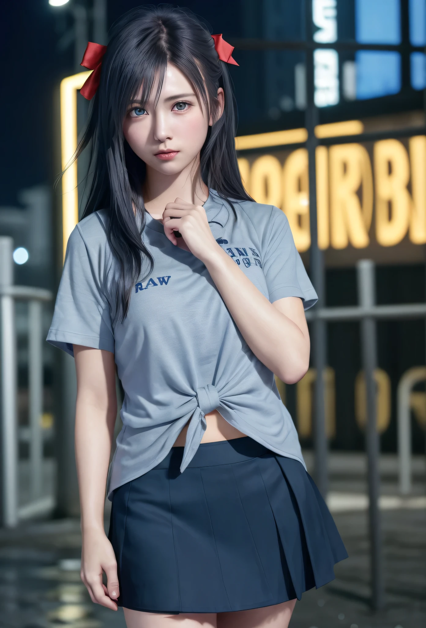 (8K, RAW Photos, Tabletop:1.3), (Realistic, Photorealistic:1.37), (night), (View your viewers:1.331), (Gray Hair), tracing, Tokyo Street, Night cityscape, cyberpunk city, Soft Light, One Girl, Very beautiful face, bust, Put your hands down, Random hairstyle, Angry expression, Big eyes, Lower abdomen, (Short sleeve .Hmph_shirt), Hmph_style, (Dark Blue AJC_skirt), (Bow Ticker_tie), Mix 4., Highest quality、My hair is soaked from the rain、Angry face、Slap the viewer、Claps towards the audience