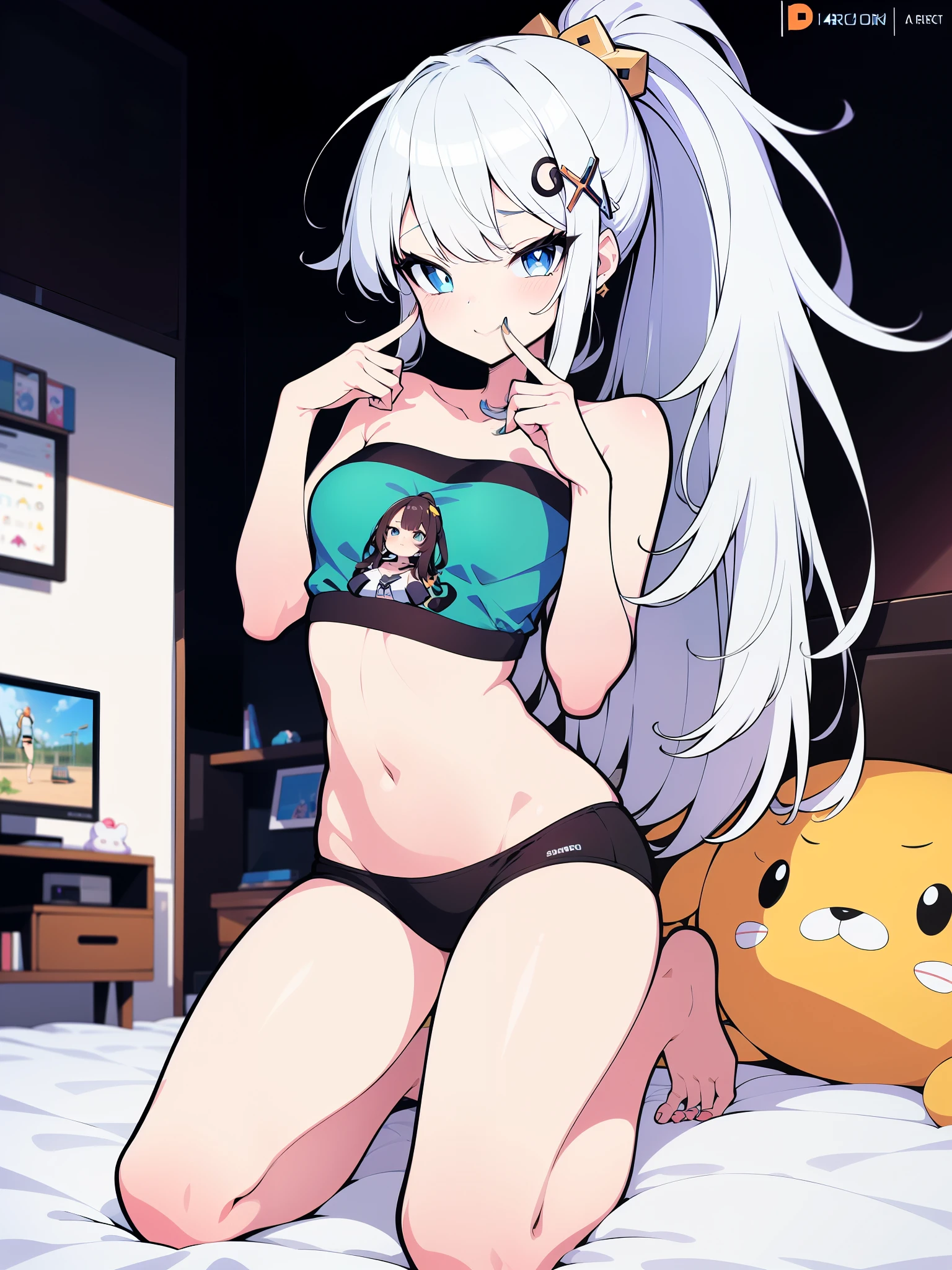 ((Masterpiece)), best quality, absurderes, ultra detailed, super beautiful girl with beautiful eyes, beautiful multicolored white hair, high ponytail, nice and sexy body, (nice hands), (nice fingers), (nice feet) wearing tight boxers with cute drawings and a strapless crop top with an anime drawing, beautiful hair ornament, full body, sexy pose, flirting with viewer, in a bedroom with a video game console and cute plushies