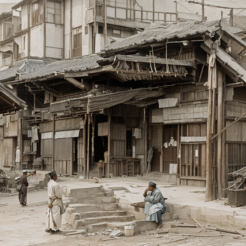 Two people standing in a building with stairs, Realistic painting of complex objects, Traditional Japanese concept art, movie environment design, Highly realistic concept art, unfinished, by Richard Carline, Inspired by Shunsen Katsukawa, Ultra-detailed Matte Painting, architectural rendering, Architectural Illustration, Surreal Scene, Black and white matte painting, Establishing Shot, Yoon Doo Seo 1. Scenery and Cityscape in the Early Meiji Era
After the Meiji Restoration, Japan underwent rapid modernization and civilization. Consequently, many changes and reforms occurred. Below is a detailed explanation of the scenery, appearance of the poor, occupations, and cityscapes in the early Meiji period (1868 to the early 1880s).

2. Appearance of the Poor
Life for the impoverished and lower classes remained harsh. In particular, in urban areas, people migrated from rural areas or unemployed artisans gathered, intensifying competition in the labor market. Many of them struggled with poverty, often residing in slums or around temples.

3. Occupations
Meiji early Japan witnessed a diversification of occupations. Traditional agriculture and handicrafts were accompanied by the rise of modern industry and commerce. Particularly in urban areas, factory workers, shop clerks, and transporters increased, giving rise to new professions. However, many in these occupations endured harsh working conditions.

4. Influence of Civilization and Enlightenment
During the Meiji era, Western cultural influences spread rapidly. Changes in clothing, dietary habits, and the proliferation of Western-style architecture advanced, especially in urban areas. Conversely, this development posed a threat to traditional culture and lifestyles, resulting in societal upheaval and adaptation challenges.

5. Social Change and Policy Influence
While promoting modernization policies, the government also addressed poverty and social issues. Legislation for labor protection and charitable activities to aid the poor were implemented. Nevertheless, living conditions for the impoverished scarcely improved.

The early Meiji period marked a rapid transformation in Japan, with complex social landscapes involving challenges