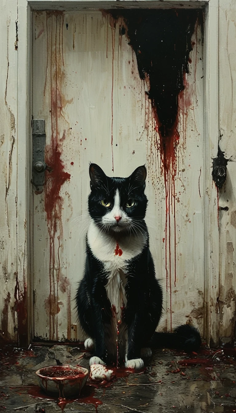 Close up of a black and white cat inside a house sitting behind a bloody human tongue on the ground