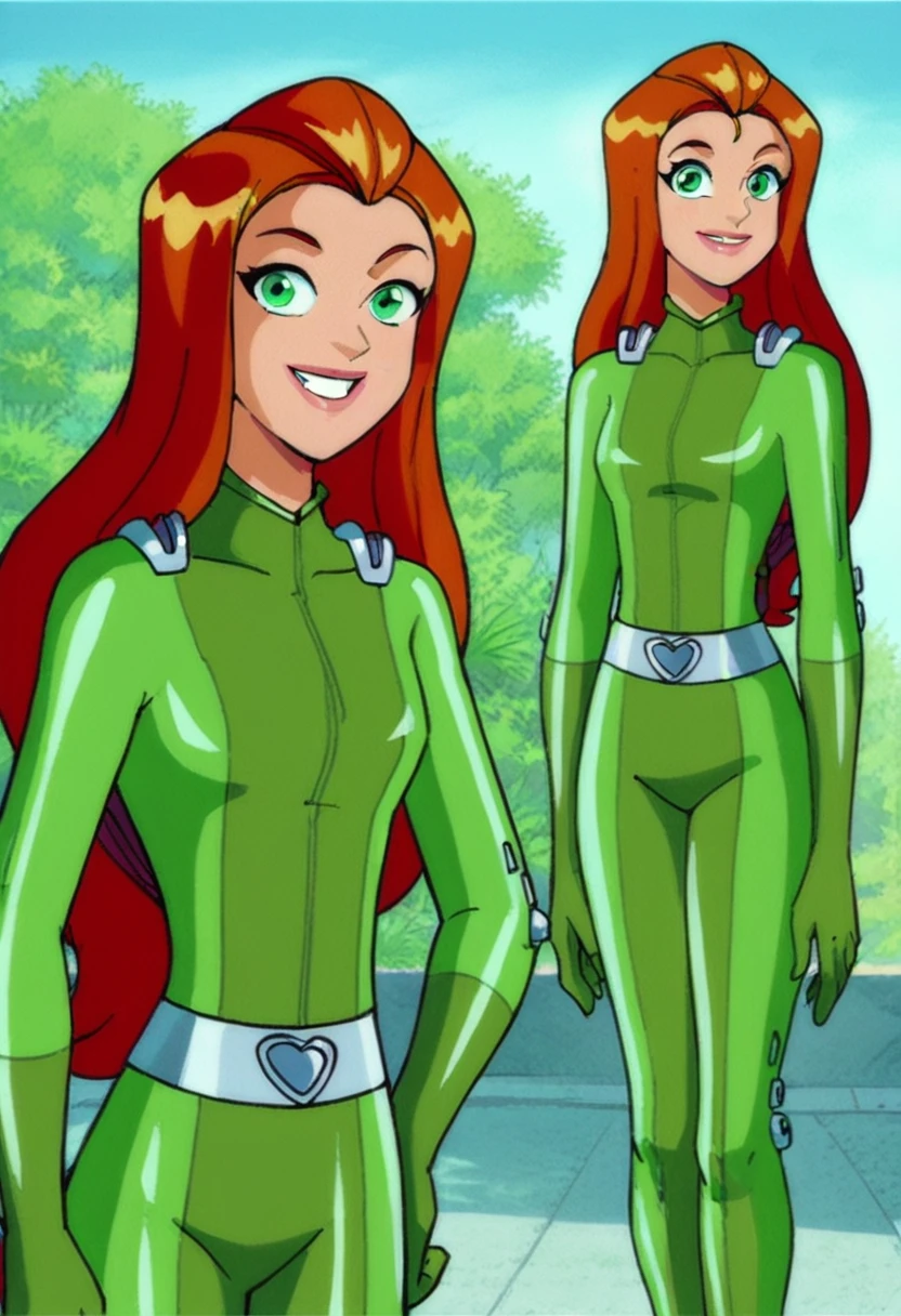 score_9, score_8_up, score_7_up,
1girl, sam ts, long hair, orange hair, green eyes,
standing, hands on hips,
green bodysuit,
smile, looking at viewer, outdoors, solo,