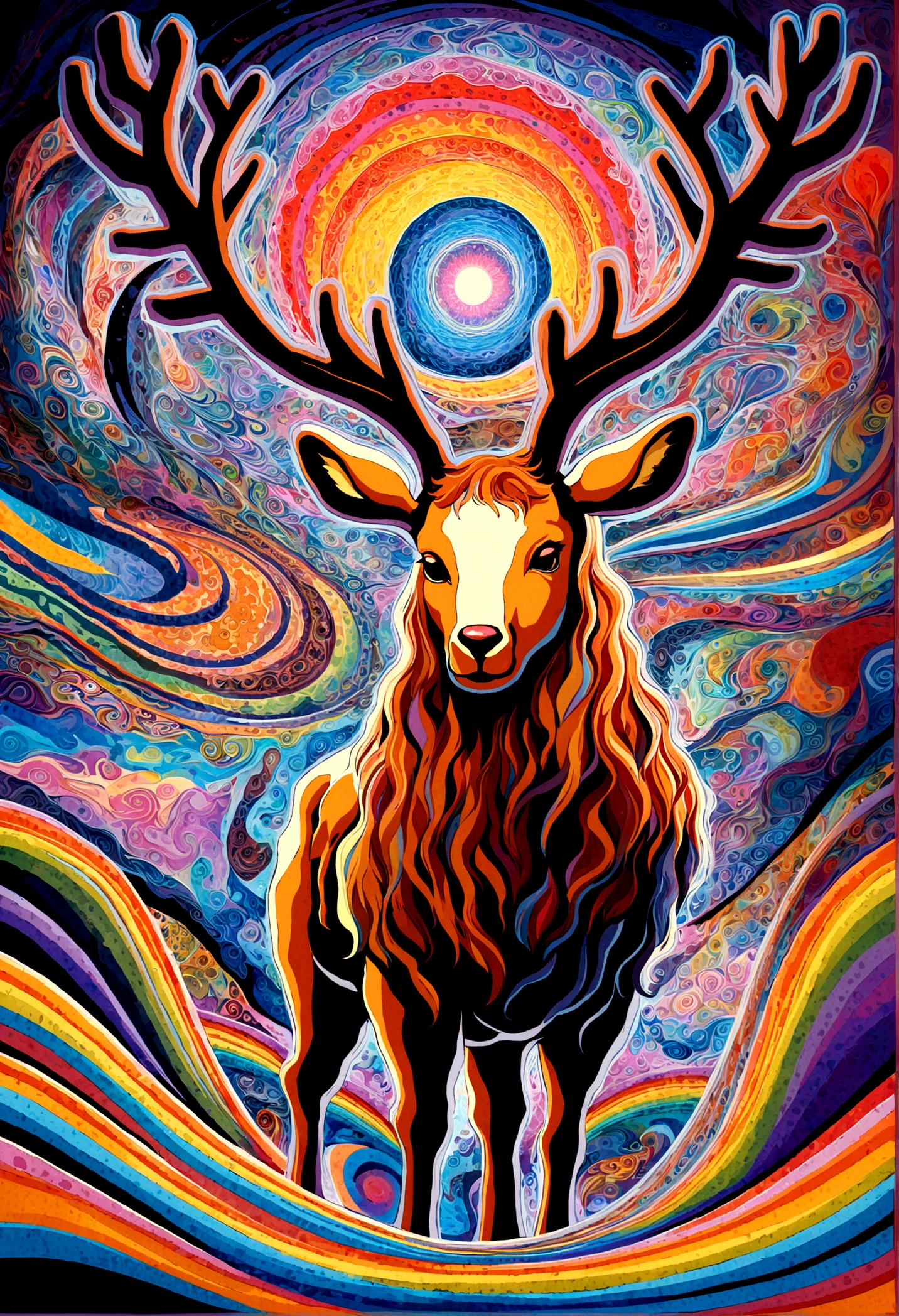 Psychedelic painting of a deer standing in front of a colorful swirl), ((multi-slit big antlers, stag, big head)), light and shadow, waves, multi-layered, foreground, distant view, fractal Thunder Dan Mumford, Dan Mount Ford and Alex Gray style, psychedelic surreal art, surreal psychedelic design, fantasy art style, illusion psychedelic art, infinite psychedelic waves, inspired by Cyril Rolando, Real ripple structure, psychedelic art style, psychedelic art,