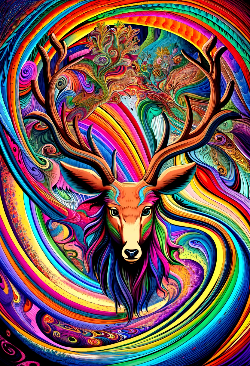 Psychedelic painting of a deer standing in front of a colorful swirl), ((multi-slit big antlers, stag, big head)), light and shadow, waves, multi-layered, foreground, distant view, fractal Thunder Dan Mumford, Dan Mount Ford and Alex Gray style, psychedelic surreal art, surreal psychedelic design, fantasy art style, illusion psychedelic art, infinite psychedelic waves, inspired by Cyril Rolando, Real ripple structure, psychedelic art style, psychedelic art,