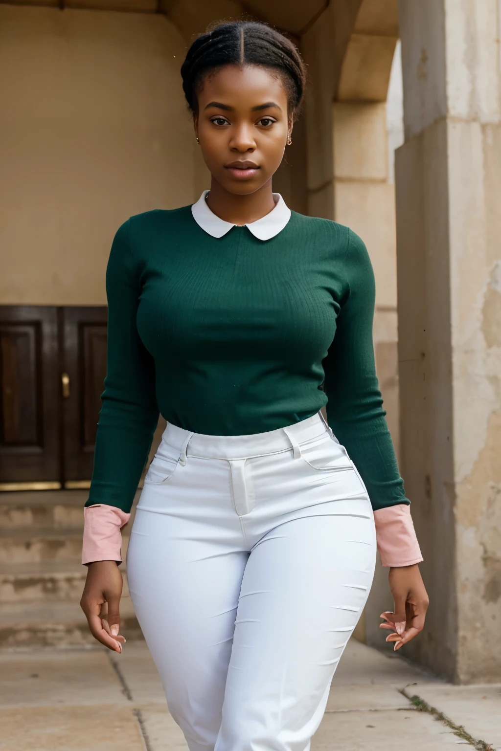 Create a realistic depiction of a 23 year old African lady who is smartly dressed for church. She should be wearing modern, long clothes that cover her entire body. Her outfit should prominently feature green and white. She should have a very thick build and appear realistic."