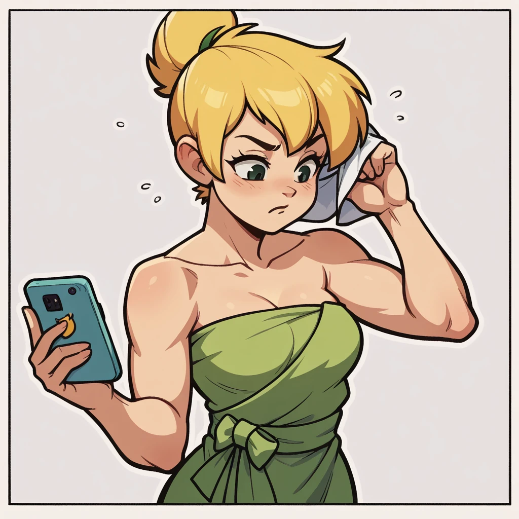 (score_9, score_8_up), Tinker Bell, wrapped in towel, medium breasts, holding phone