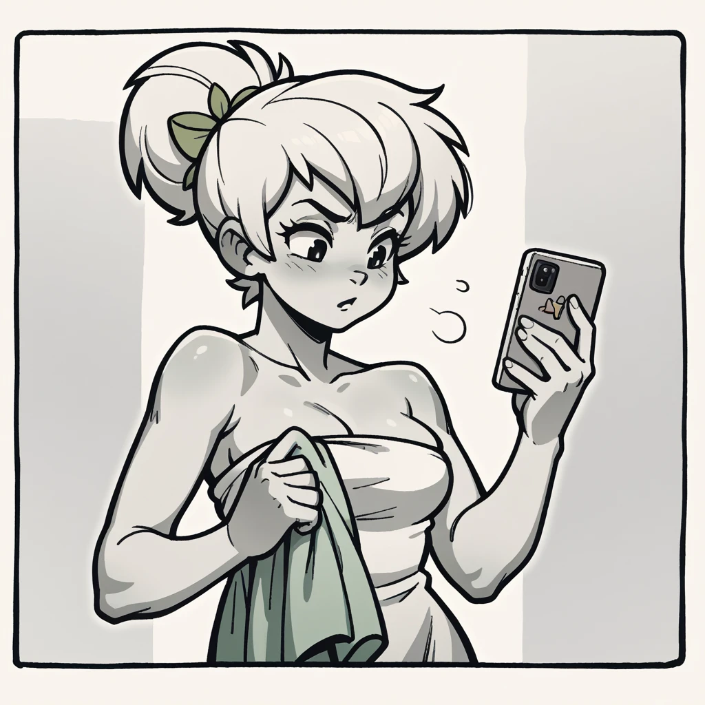 (score_9, score_8_up), Tinker Bell, wrapped in towel, medium breasts, holding phone