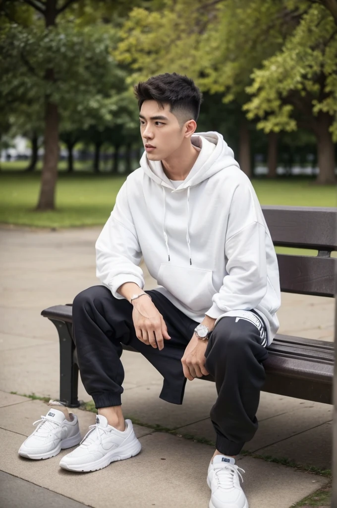 a sad man with a disheveled tapered hairstyle, wears a white hoodie and jogger, streetwear style, sitting on the park bench