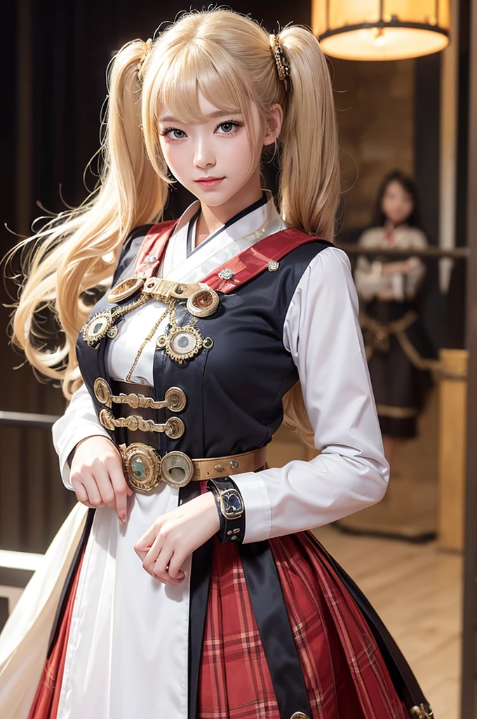 Woman portrait、Highest quality、Rear view、8K, clear, Fine skin、Clear, beautiful eyes、Bright Face、The beauty of a smile、whole body、Curly Hair、My hair was messed up by the wind、(Glamorous Muscle、tall),,(Hip_superior, Hip superior), Beauty,( Watching the audience),Realistic, High resolution, Soft Light,1 female, One person,blonde hair,Twin tails,Fine Skin, Naughty look,((Gorgeous steampunk hanbok、plaids)),Steampunk style girl、Costumes decorated with lots of gear and watches,(Sailor-style armor with red collar,white dress shirt)、Beautiful Steampunk Guild Staff Costume Banker Uniform,(white and red and silver steampunk silver steampunk hanbok、plaids、High-tech Mecha,Gemstone Helmet,wrist cuffs,belt,ascot,High leg)、((arms behind back)),(bokeh),(studio lighting)