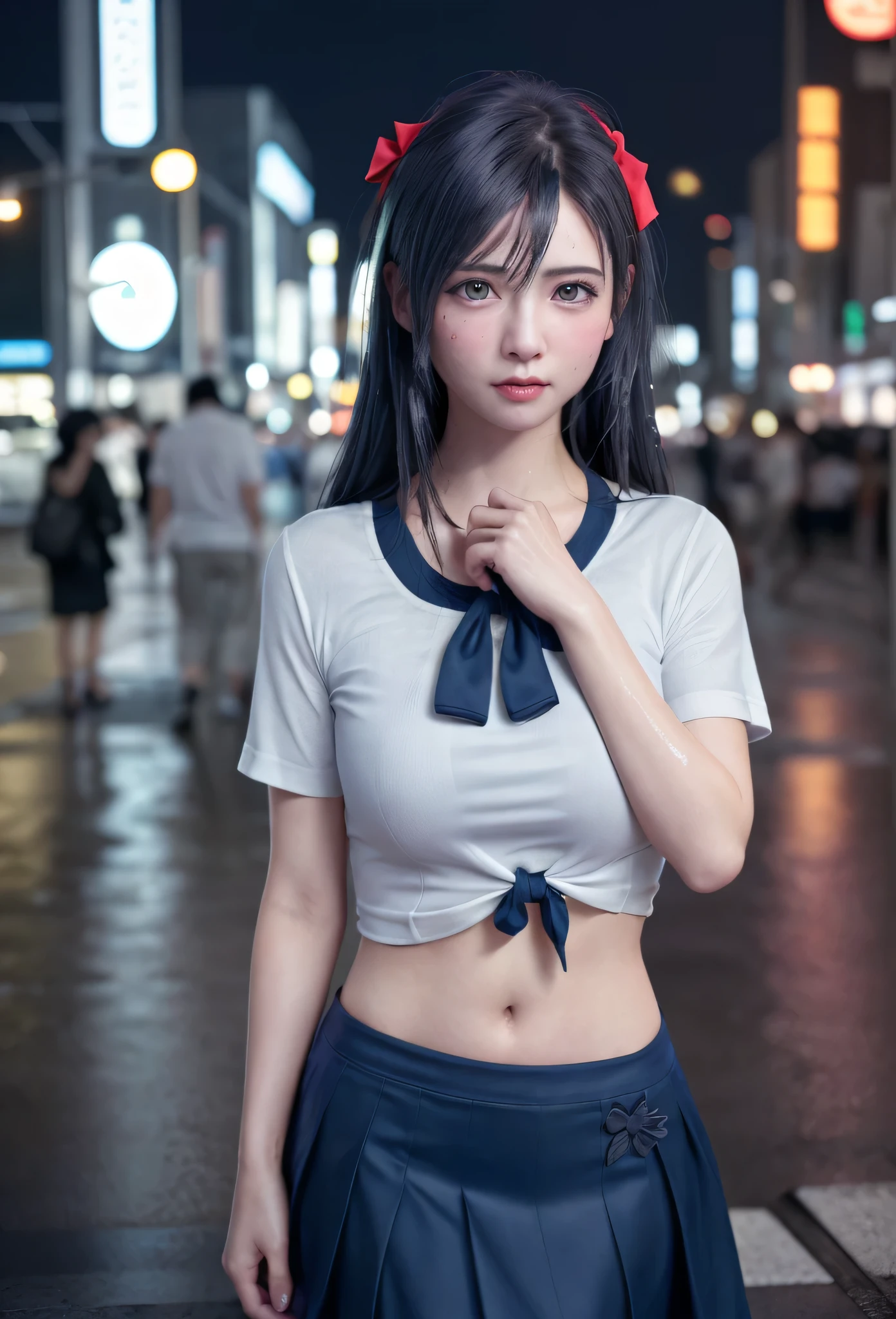 (8K, RAW Photos, Tabletop:1.3), (Realistic, Photorealistic:1.37), (night), (View your viewers:1.331), (Gray Hair), tracing, Tokyo Street, Night cityscape, cyberpunk city, Soft Light, One Girl, Very beautiful face, bust, Put your hands down, Random hairstyle, Angry expression, Big eyes, Lower abdomen, (Short sleeve .Hmph_shirt), Hmph_style, (Dark Blue AJC_skirt), (Bow Ticker_tie), Mix 4., Highest quality、My hair is soaked from the rain、My body is soaked in the rain、Wet hair、Your clothes are wet、Angry face、Slap the viewer、Claps towards the audience