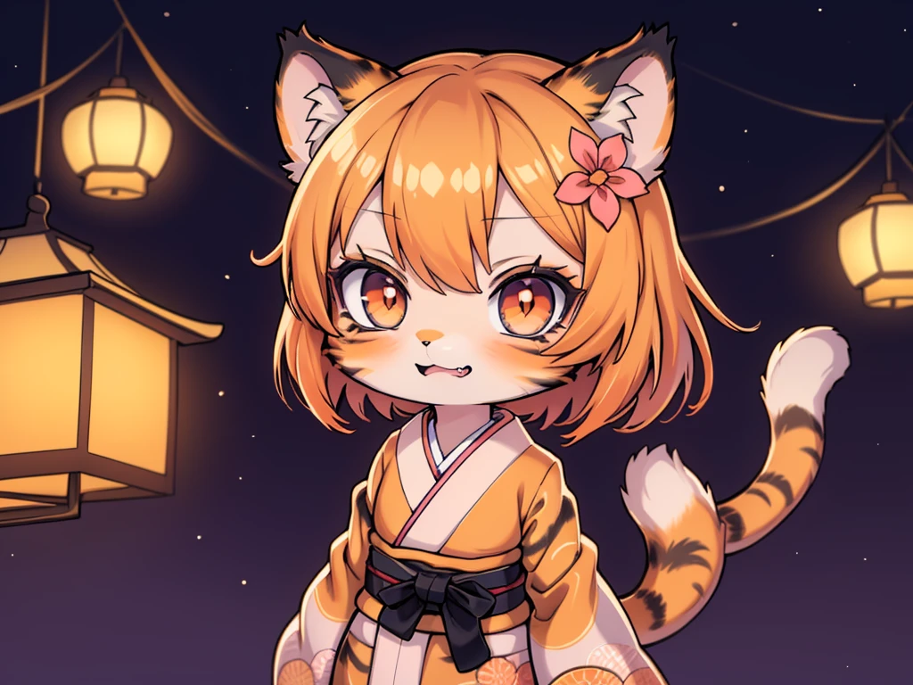 (masterpiece, High quality, Best quality, 8k, High resolution), ((chibii style, chibi cute)), (solo, 1 kid girl), {tiger girl, tiger face, 1 fang, long eyelashes, eyeliner} {tiger whiskers}, (((Tiger skin all over the body, Tiger stripes on the body))), (short hair), (orange hair), ((smile)), ((close mouth)), ((looking at viewer)), (flat chest), thin arms, ((pink kimono)), ((traditional kimono)), {Flower pattern on the kimono}, {{{mini tiger Tail, Tail on the back}}}, ((upper body)), (((walking, dynamic angle))), dynamic pose, ((night, Japanese festival, background food stalls, Japanese lanterns, decoration, soft moonlight.), ((((Tora-chan no Hanayome style)))), (old anime 40s style), anime style.