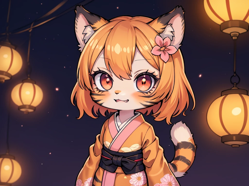 (masterpiece, High quality, Best quality, 8k, High resolution), ((chibii style, chibi cute)), (solo, 1 kid girl), {tiger girl, tiger face, 1 fang, long eyelashes, eyeliner} {tiger whiskers}, (((Tiger skin all over the body, Tiger stripes on the body))), (short hair), (orange hair), ((smile)), ((close mouth)), ((looking at viewer)), (flat chest), thin arms, ((pink kimono)), ((traditional kimono)), {Flower pattern on the kimono}, {{{mini tiger Tail, Tail on the back}}}, ((upper body)), (((walking, dynamic angle))), dynamic pose, ((night, Japanese festival, background food stalls, Japanese lanterns, decoration, soft moonlight.), ((((Tora-chan no Hanayome style)))), (old anime 40s style), anime style.