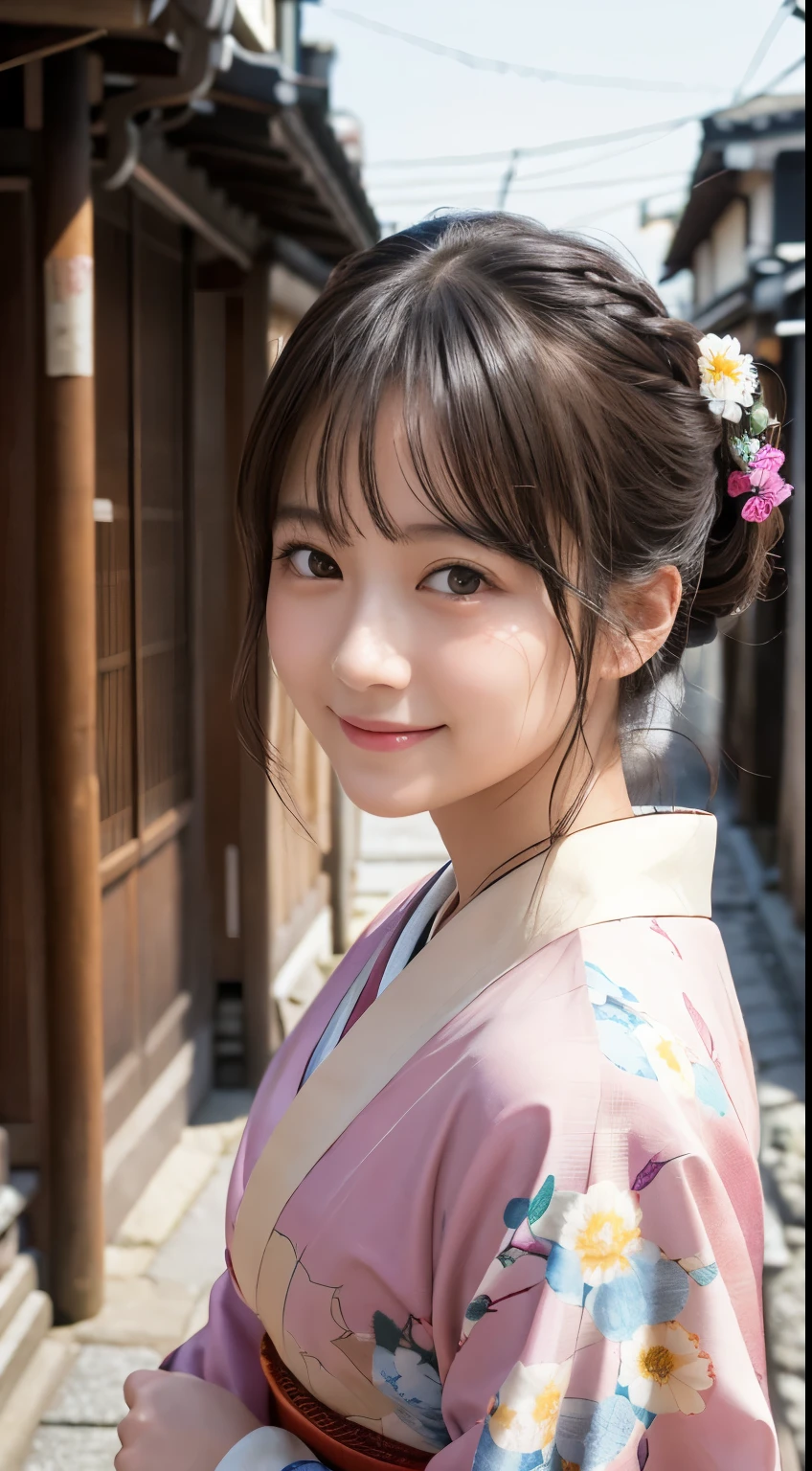 Professional Lighting,(Realistic:1.4), (Top image quality:1.0), (超High resolution:1.0), 8K, Raw photography, (masterpiece:0.2), (Dealing with the Children_v1:0.5)、(最高quality Detail:1.2)、Realistic、8K Ultra HD、High resolution、(1 Girl:1.2)、超detailedな、High quality textures、複雑なdetailed、detailed、Very detailed CG、High quality shadows、detailed 美しく繊細な顔、Beautiful details and a delicate eye、(Symmetrical eyes:1.2),Written boundary depth、Ray Tracing,1 Girl, Japanese Girls, (Natural smile:1.4),cute, thin, Portrait of a beautiful Japanese woman in a kimono, Standing elegantly on a street corner in Kyoto. Kimono with vibrant traditional patterns, Hair decorated with elegant and delicate hairpins, Gentle expression. (With the old streets of Kyoto in the background:1.4)、The soft light of a spring afternoon、Adding tranquility to the scene. Rendered in a Realistic style with great attention to detail, High resolutionの画像.Sky Porn, Magic Hour, (Realistic:1.3), finely, quality, (Tabletop:1.2), (Realistic:1.2), (最高quality), (複雑なdetailed), dramatic, Ray Tracing, photograph, +roller