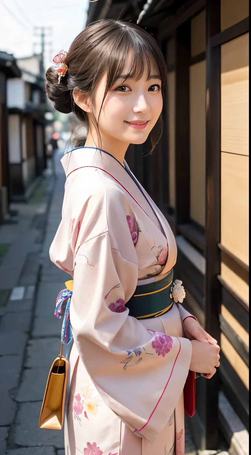 Professional Lighting,(Realistic:1.4), (Top image quality:1.0), (超High resolution:1.0), 8K, Raw photography, (masterpiece:0.2), (Dealing with the Children_v1:0.5)、(最高quality Detail:1.2)、Realistic、8K Ultra HD、High resolution、(1 Girl:1.2)、超detailedな、High quality textures、複雑なdetailed、detailed、Very detailed CG、High quality shadows、detailed 美しく繊細な顔、Beautiful details and a delicate eye、(Symmetrical eyes:1.2),Written boundary depth、Ray Tracing,1 Girl, Japanese Girls, (Natural smile:1.4),cute, thin, Portrait of a beautiful Japanese woman in a kimono, Standing elegantly on a street corner in Kyoto. Kimono with vibrant traditional patterns, Hair decorated with elegant and delicate hairpins, Gentle expression. (With the old streets of Kyoto in the background:1.4)、The soft light of a spring afternoon、Adding tranquility to the scene. Rendered in a Realistic style with great attention to detail, High resolutionの画像.Sky Porn, Magic Hour, (Realistic:1.3), finely, quality, (Tabletop:1.2), (Realistic:1.2), (最高quality), (複雑なdetailed), dramatic, Ray Tracing, photograph, +roller
