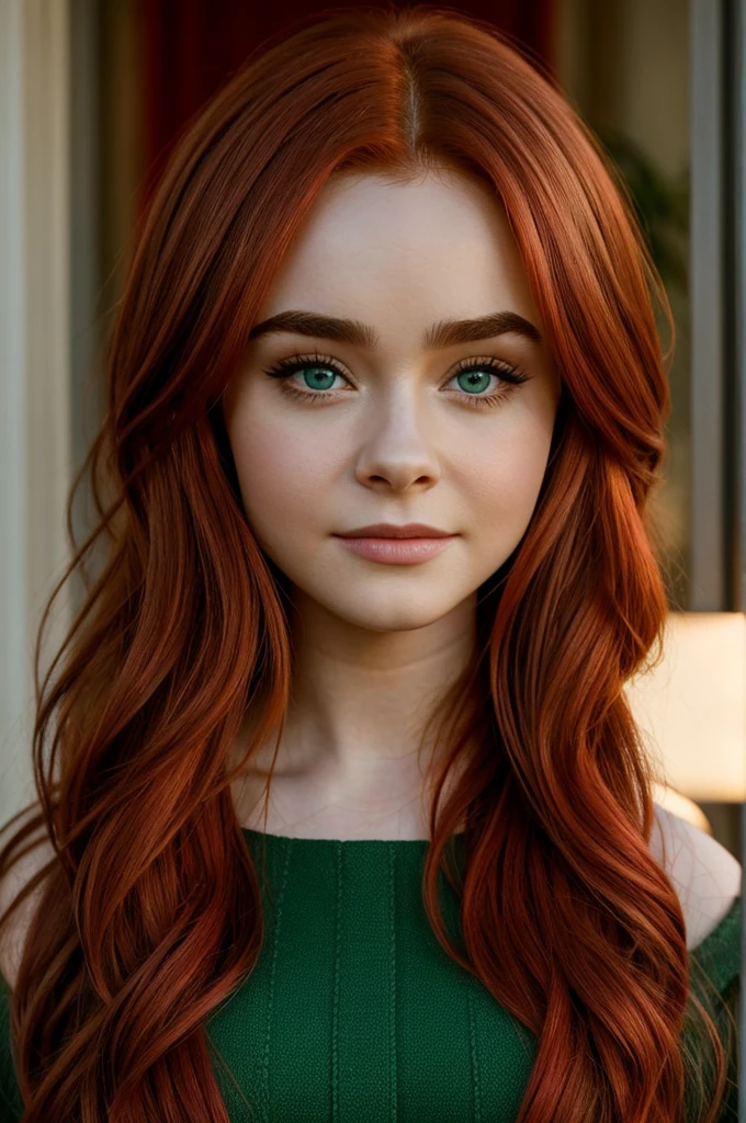 Actress Sabrina Carpenter , with red hair and green eyes