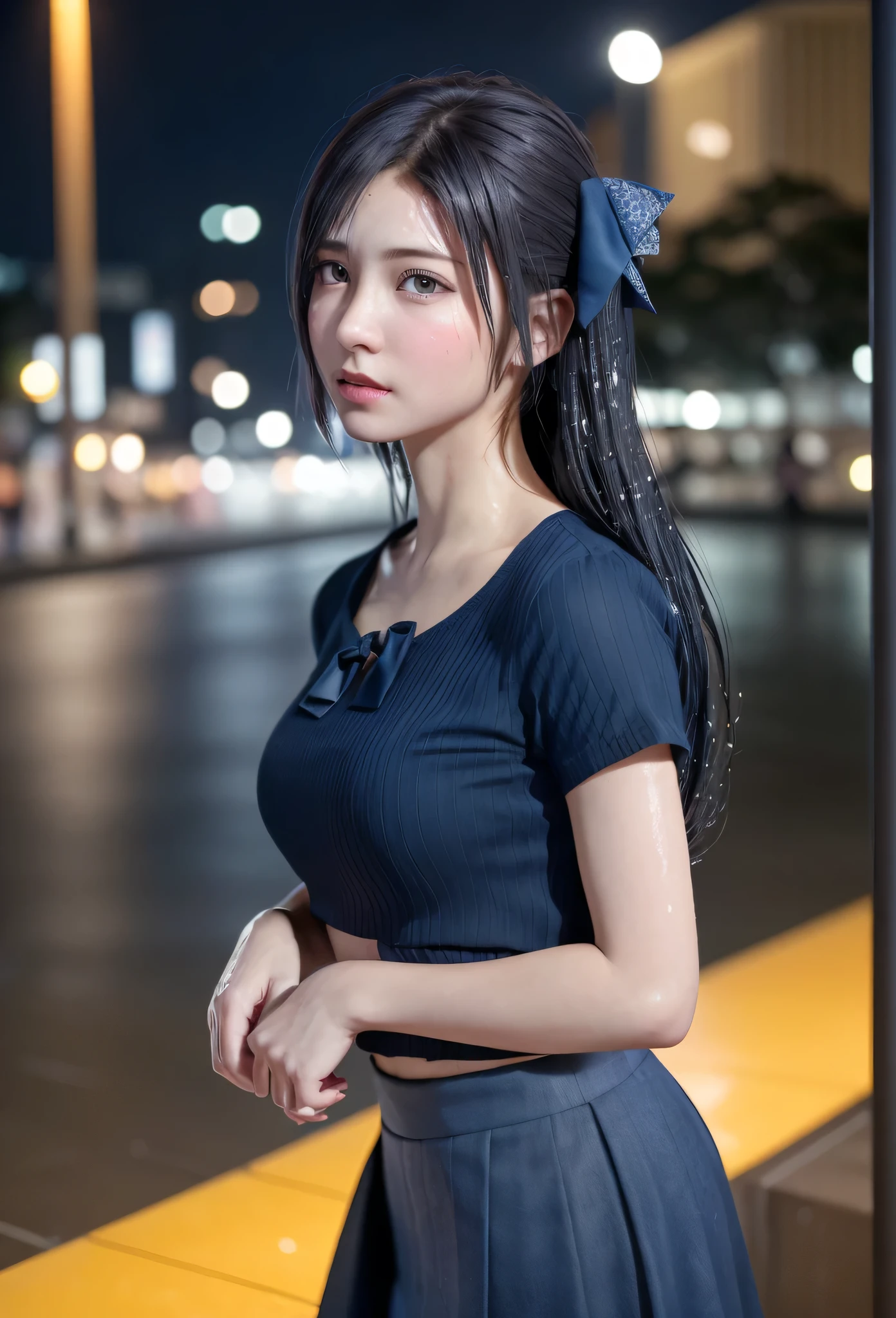 (8K, RAW Photos, Tabletop:1.3), (Realistic, Photorealistic:1.37), (night), (View your viewers:1.331), (Gray Hair), tracing, Tokyo Street, Night cityscape, cyberpunk city, Soft Light, One Girl, Very beautiful face, bust, Put your hands down, Random hairstyle, Angry expression, Big eyes, Lower abdomen, (Short sleeve .Hmph_shirt), Hmph_style, (Dark Blue AJC_skirt), (Bow Ticker_tie), Mix 4., Highest quality、My hair is soaked from the rain、My body is soaked in the rain、Wet hair、Your clothes are wet、Angry face、Slap the viewer、Claps towards the audience