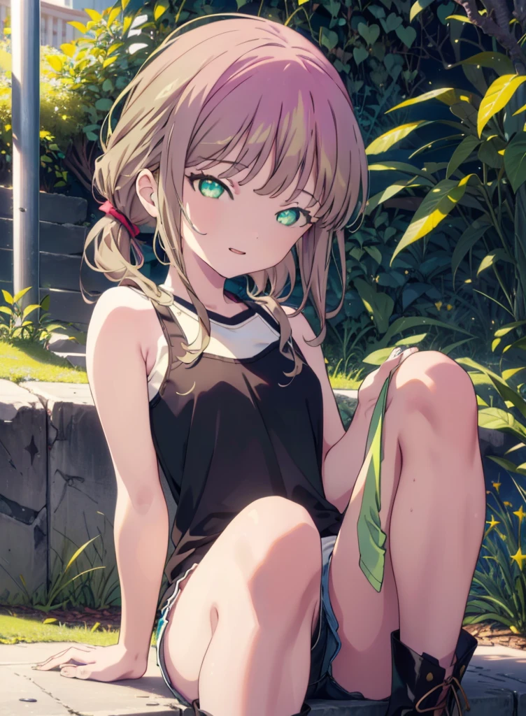 minami yume ,sss Dynazenon ,Long Hair, Brown Hair, (Green Eyes:1.5) ,Center of chest,hair band,ponytail,happy smile, smile, Open your mouth, Blue Tank Top,Shorts,short boots,whole bodyがイラストに入るように,Daytime,Clear skies,Sitting on the steps in the park,
break looking at viewer, whole body,(Cowboy Shot:1. 5),
break outdoors, Residential Street,
break (masterpiece:1.2), Highest quality, High resolution, unity 8k wallpaper, (shape:0.8), (Beautiful and beautiful eyes:1.6), Highly detailed face, Perfect lighting, Highly detailed CG, (Perfect hands, Perfect Anatomy),
