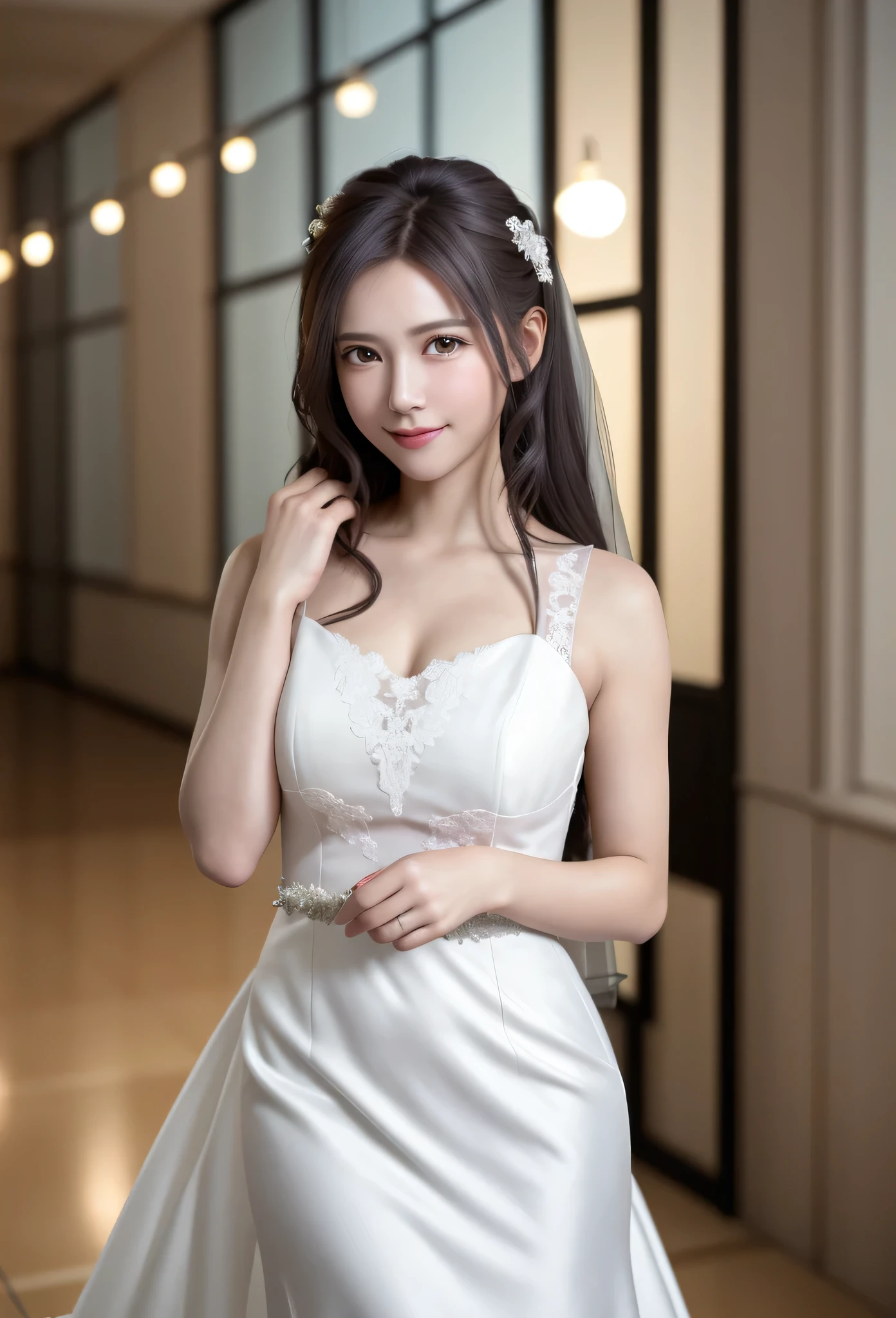 (8K, RAW Photos, Tabletop:1.3), (Realistic, Photorealistic:1.37), (night), (View your viewers:1.331), (Gray Hair), Pause, Wedding venue background, Soft Light, One Girl, Very beautiful face, bust, Put your hands down, Random hairstyle, The best smile, Big eyes, Lower abdomen, (Hmph_White Wedding Dress), Hmph_style,Mix 4., Highest quality