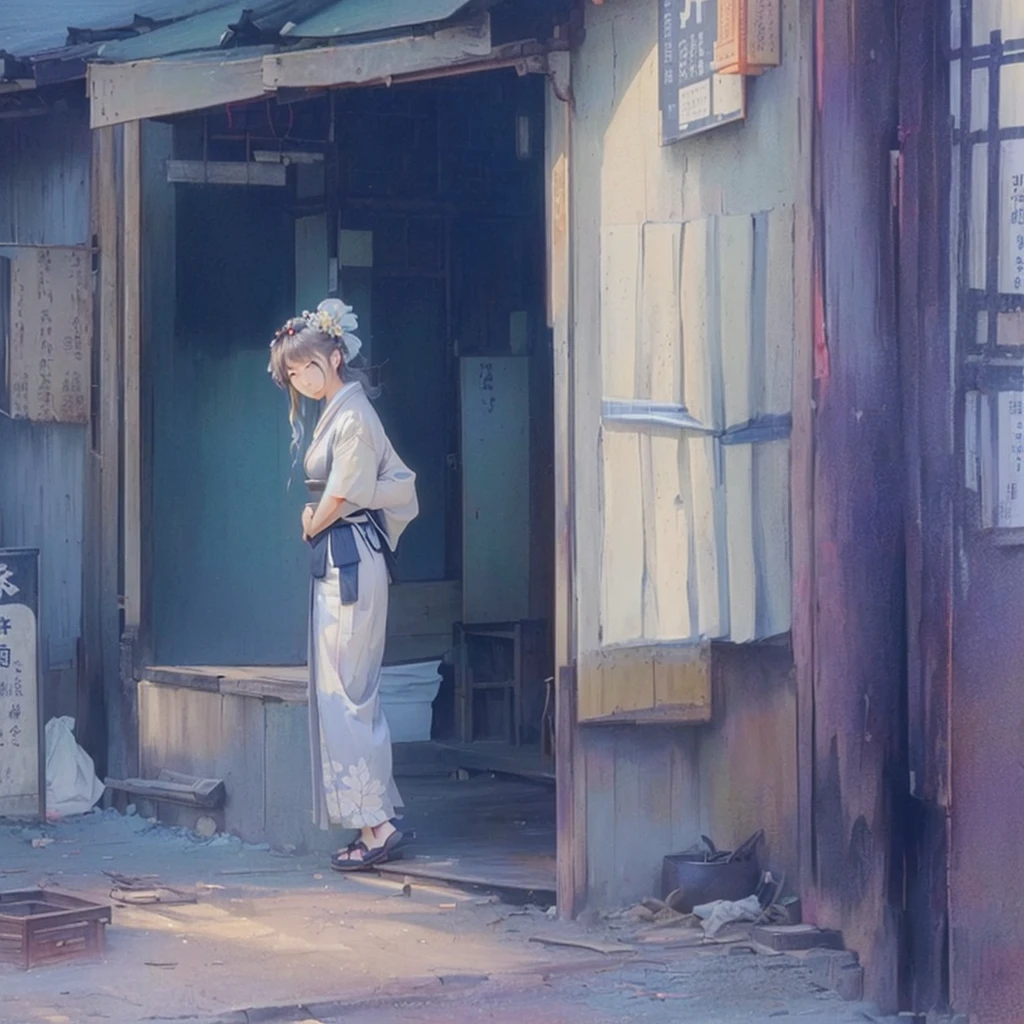 A picture of a woman in a kimono standing at a doorway, Painted in an anime artist&#39;s studio, Created by Anime Painter Studio, Soft anime illustration, Zerochan Art, Painterly concept art, Anime Scene, guweiz on pixiv artstation, Inspired by Paul Cornoyer, Keyframe illustration, anime painting, Rendered in high resolution, Anime Keyframe 1. Scenery and Cityscape in the Early Meiji Era
After the Meiji Restoration, Japan underwent rapid modernization and civilization. Consequently, many changes and reforms occurred. Below is a detailed explanation of the scenery, appearance of the poor, occupations, and cityscapes in the early Meiji period (1868 to the early 1880s).

2. Appearance of the Poor
Life for the impoverished and lower classes remained harsh. In particular, in urban areas, people migrated from rural areas or unemployed artisans gathered, intensifying competition in the labor market. Many of them struggled with poverty, often residing in slums or around temples.

3. Occupations
Meiji early Japan witnessed a diversification of occupations. Traditional agriculture and handicrafts were accompanied by the rise of modern industry and commerce. Particularly in urban areas, factory workers, shop clerks, and transporters increased, giving rise to new professions. However, many in these occupations endured harsh working conditions.

4. Influence of Civilization and Enlightenment
During the Meiji era, Western cultural influences spread rapidly. Changes in clothing, dietary habits, and the proliferation of Western-style architecture advanced, especially in urban areas. Conversely, this development posed a threat to traditional culture and lifestyles, resulting in societal upheaval and adaptation challenges.

5. Social Change and Policy Influence
While promoting modernization policies, the government also addressed poverty and social issues. Legislation for labor protection and charitable activities to aid the poor were implemented. Nevertheless, living conditions for the impoverished scarcely improved.

The early Meiji period marked a rapid transformation in Japan, with complex social landscapes involving challenges faced by the 