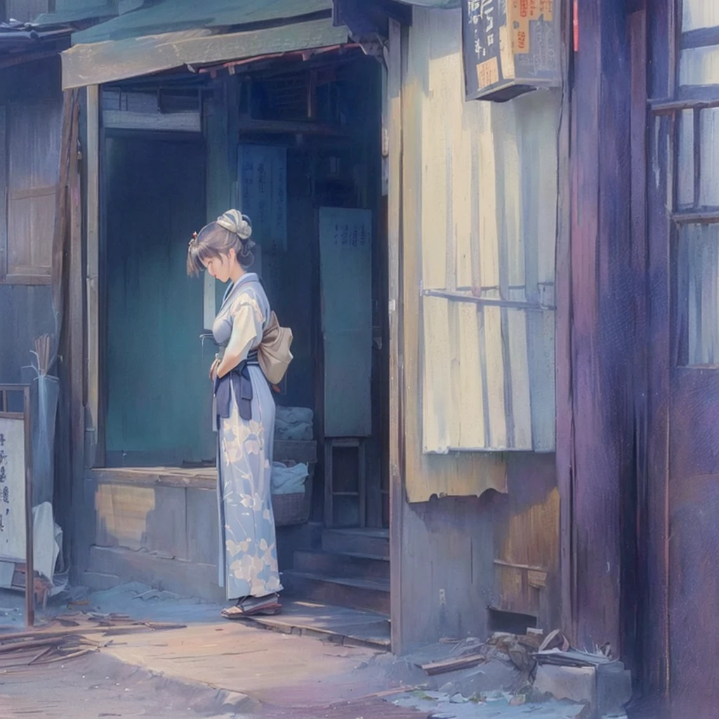 A picture of a woman in a kimono standing at a doorway, Painted in an anime artist's studio, Created by Anime Painter Studio, Soft anime illustration, Zerochan Art, Painterly concept art, Anime Scene, guweiz on pixiv artstation, Inspired by Paul Cornoyer, Keyframe illustration, anime painting, Rendered in high resolution, Anime Keyframe 1. Scenery and Cityscape in the Early Meiji Era
After the Meiji Restoration, Japan underwent rapid modernization and civilization. Consequently, many changes and reforms occurred. Below is a detailed explanation of the scenery, appearance of the poor, occupations, and cityscapes in the early Meiji period (1868 to the early 1880s).
2. Appearance of the Poor
Life for the impoverished and lower classes remained harsh. In particular, in urban areas, people migrated from rural areas or unemployed artisans gathered, intensifying competition in the labor market. Many of them struggled with poverty, often residing in slums or around temples.
3. Occupations
Meiji early Japan witnessed a diversification of occupations. Traditional agriculture and handicrafts were accompanied by the rise of modern industry and commerce. Particularly in urban areas, factory workers, shop clerks, and transporters increased, giving rise to new professions. However, many in these occupations endured harsh working conditions.
4. Influence of Civilization and Enlightenment
During the Meiji era, Western cultural influences spread rapidly. Changes in clothing, dietary habits, and the proliferation of Western-style architecture advanced, especially in urban areas. Conversely, this development posed a threat to traditional culture and lifestyles, resulting in societal upheaval and adaptation challenges.
5. Social Change and Policy Influence
While promoting modernization policies, the government also addressed poverty and social issues. Legislation for labor protection and charitable activities to aid the poor were implemented. Nevertheless, living conditions for the impoverished scarcely improved.
The early Meiji period marked a rapid transformation in Japan, with complex social landscapes involving challenges faced by the