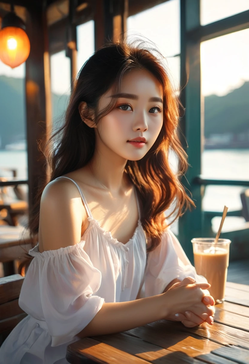 Morning rise, warm sunlight,korean woman wearing sleevless tshirt  sitting on the table beside a wooden big windows at the outside cafe , sunrise atmosphere at a dock, wooden dock, a photorealistic painting by Raymond Han, tumblr, realism, gorgeous young korean woman, beautiful south korean woman, beautiful young korean woman, korean girl, beautiful asian girl, young asian girl, jaeyeon nam, asian girl, korean woman, sitting on a mocha-colored table, a young asian woman