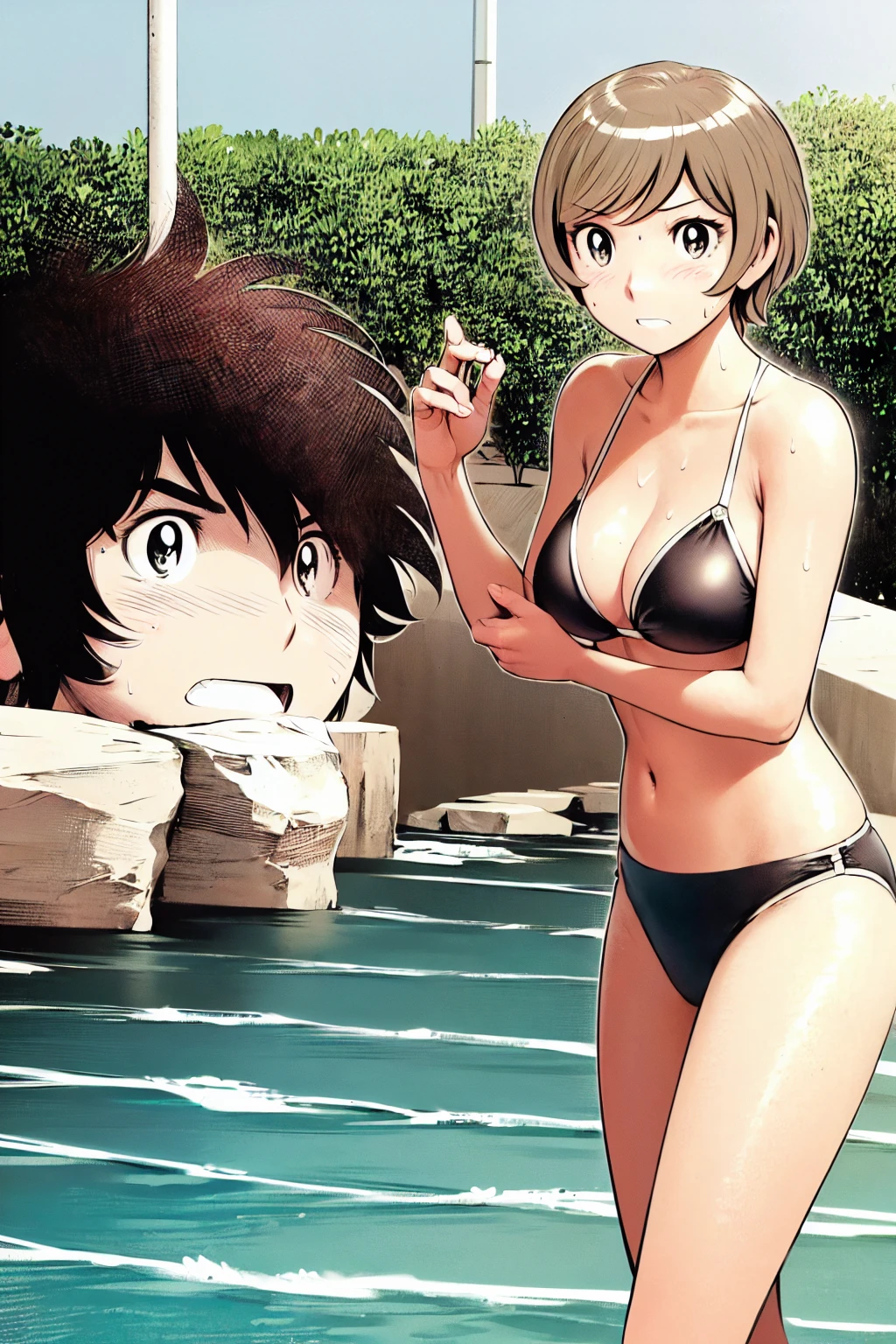 、(masterpiece、Highest quality)、Highest quality, Ultra-high resolution, (((masterpiece))), alone, Sweat、Big eyes, Composition from the front、Shortcuts、Embarrassed face、Bronze colored hair、Cut your hair short、Ocean、beach、Black Micro Bikini、belly button、short hair、(Bronze colored hair)