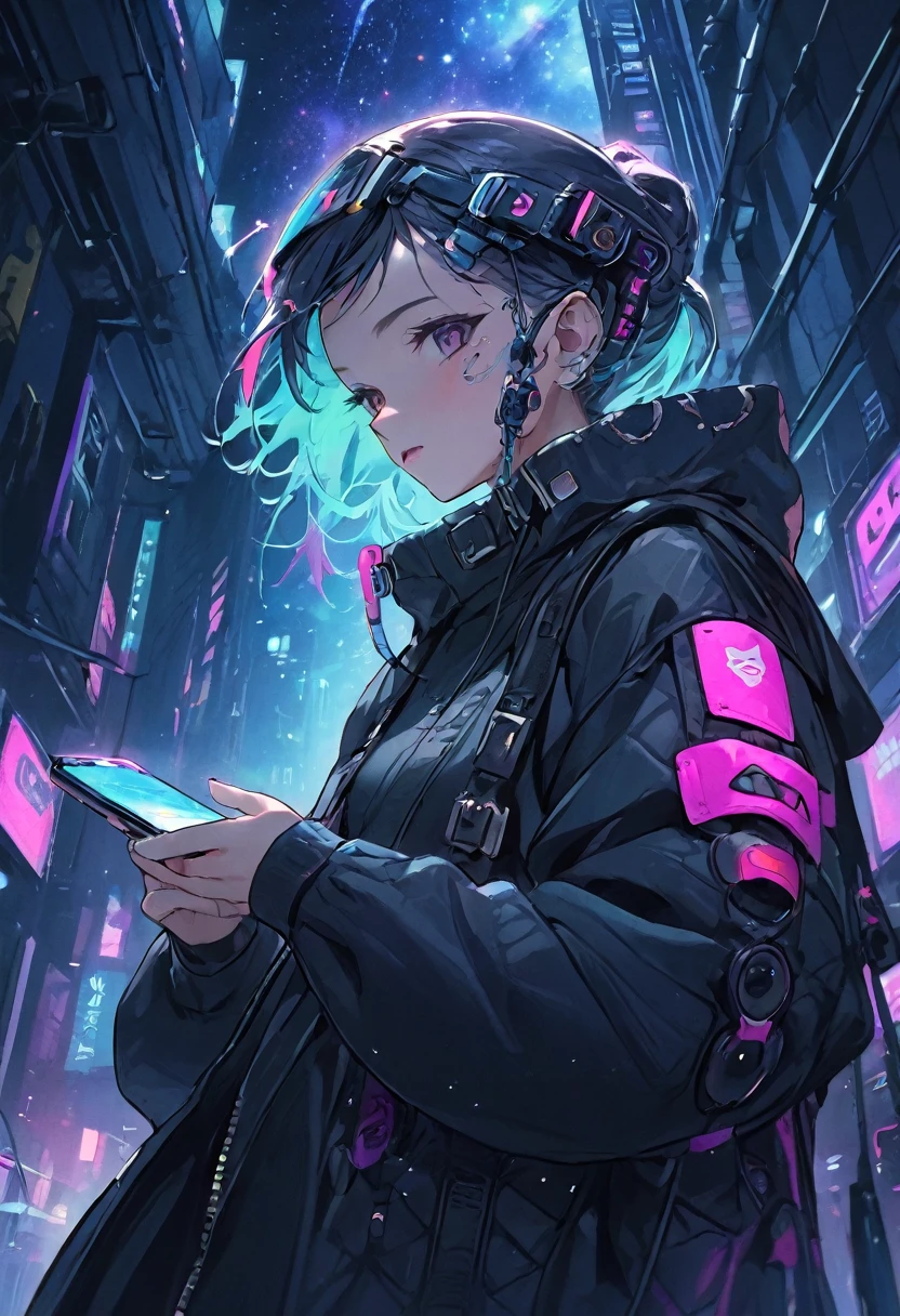character, Cyberpunk Style, Galaxy Color、On the Internet with a smartphone in hand
