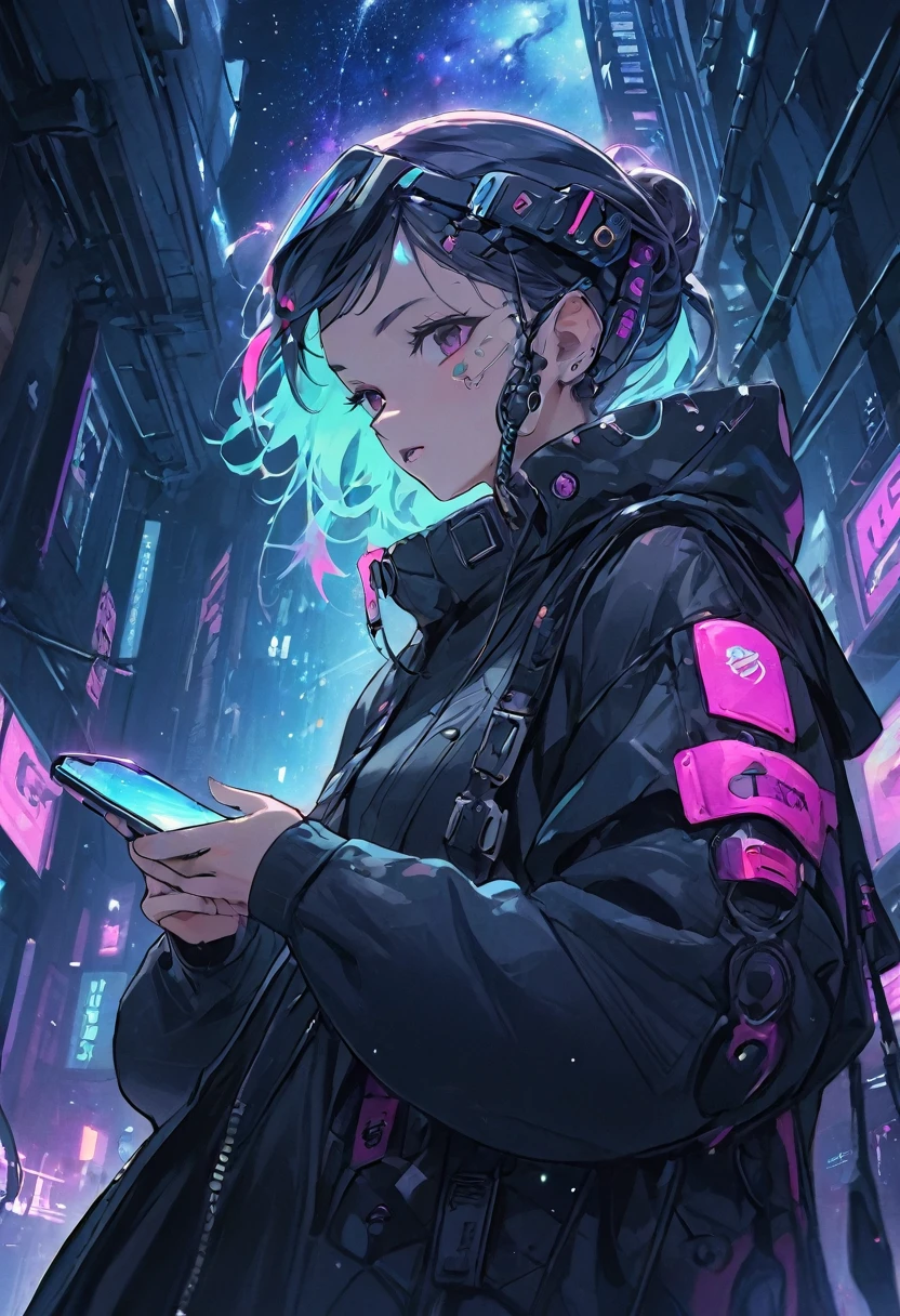character, Cyberpunk Style, Galaxy Color、On the Internet with a smartphone in hand