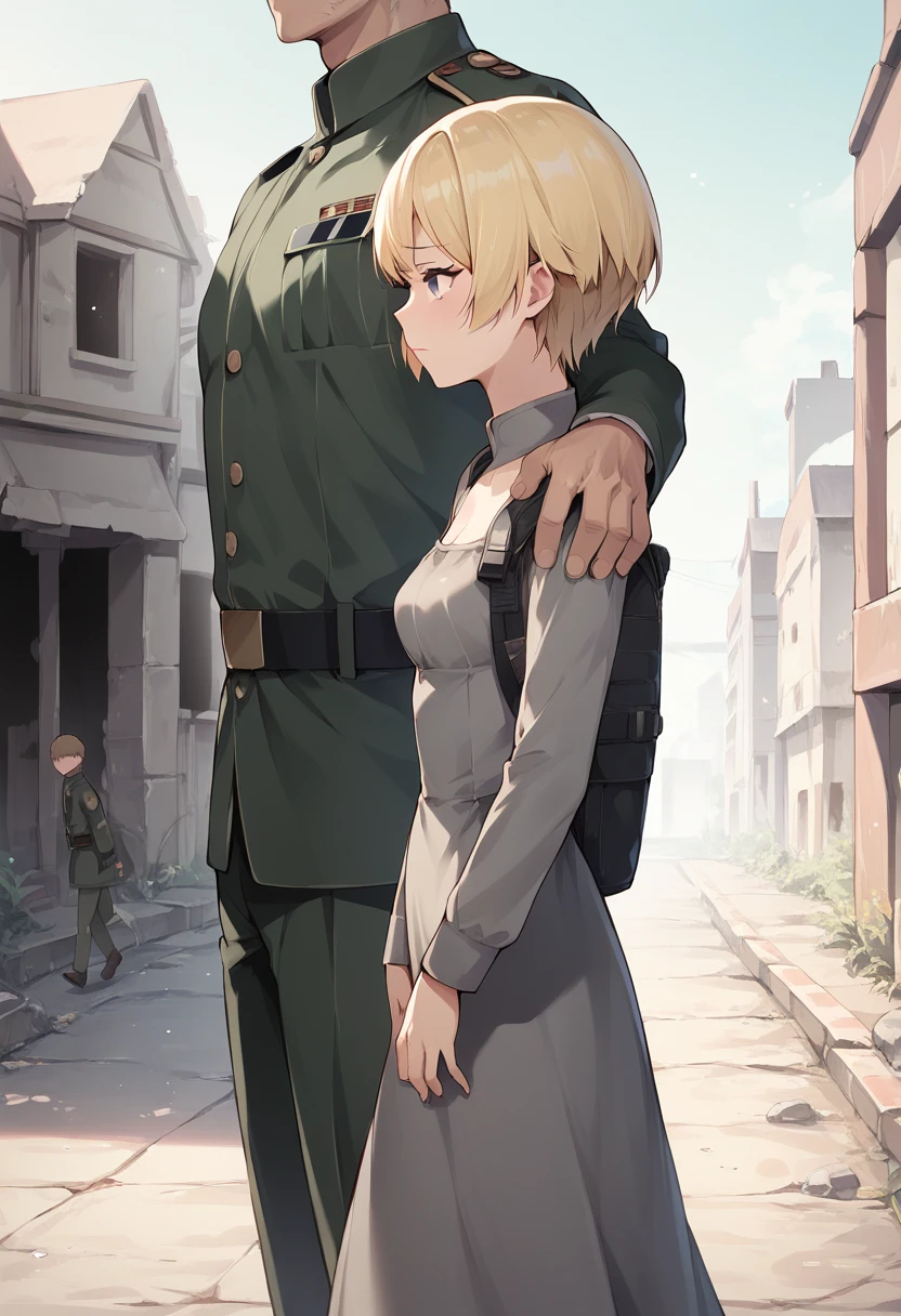 score_9, score_8_up, score_7_up, source_anime BREAK 
1girl, from side, small breasts, dirty dress, hands on shoulder, hand on another's shoulder, blonde short hair, grey eyes, sad face, town ruins, outdoors, walking, size difference, faceless male, male face out of frame, male military suit 